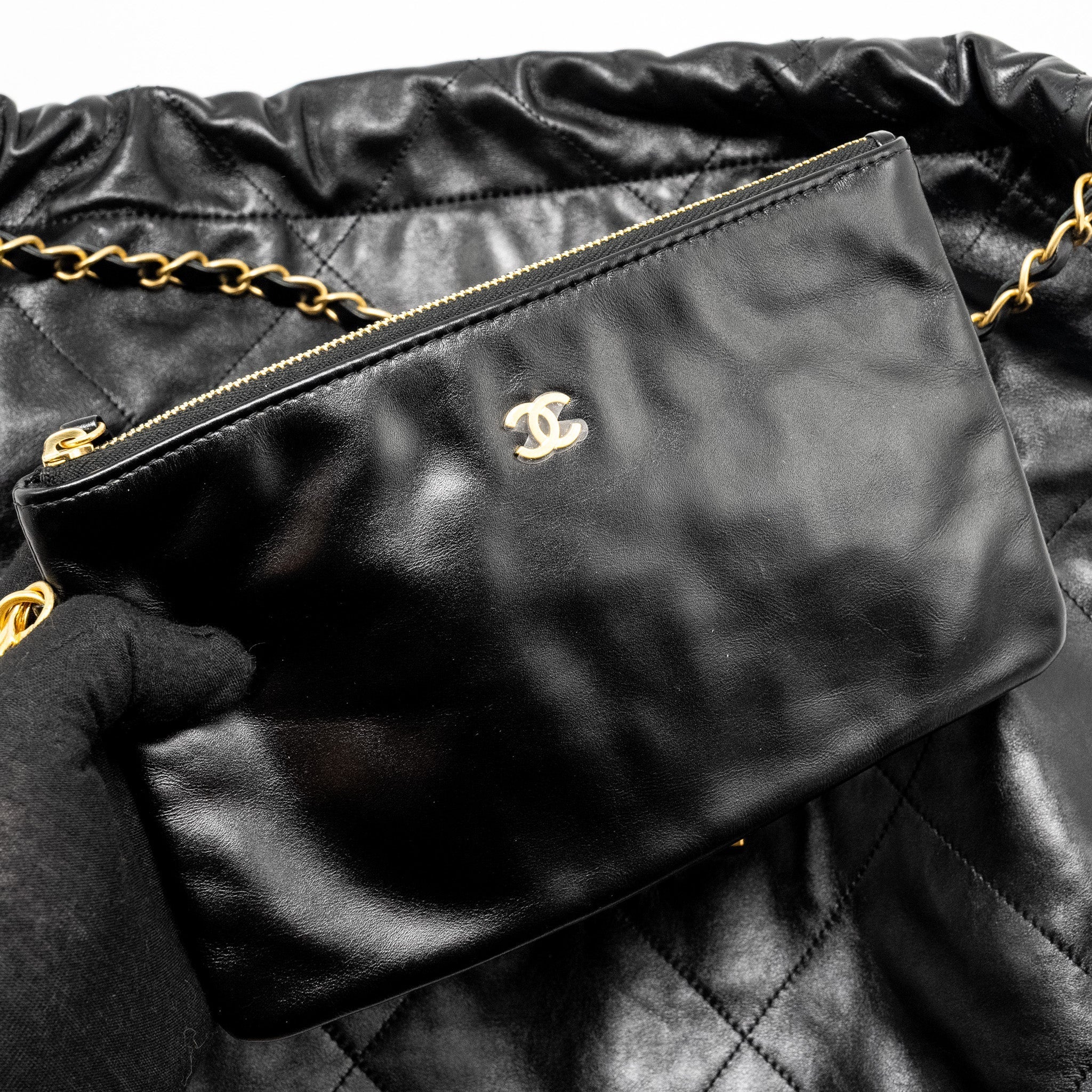 CHANEL Medium 22 Bag Gold Letter Shiny Calfskin Black  (Microchip)