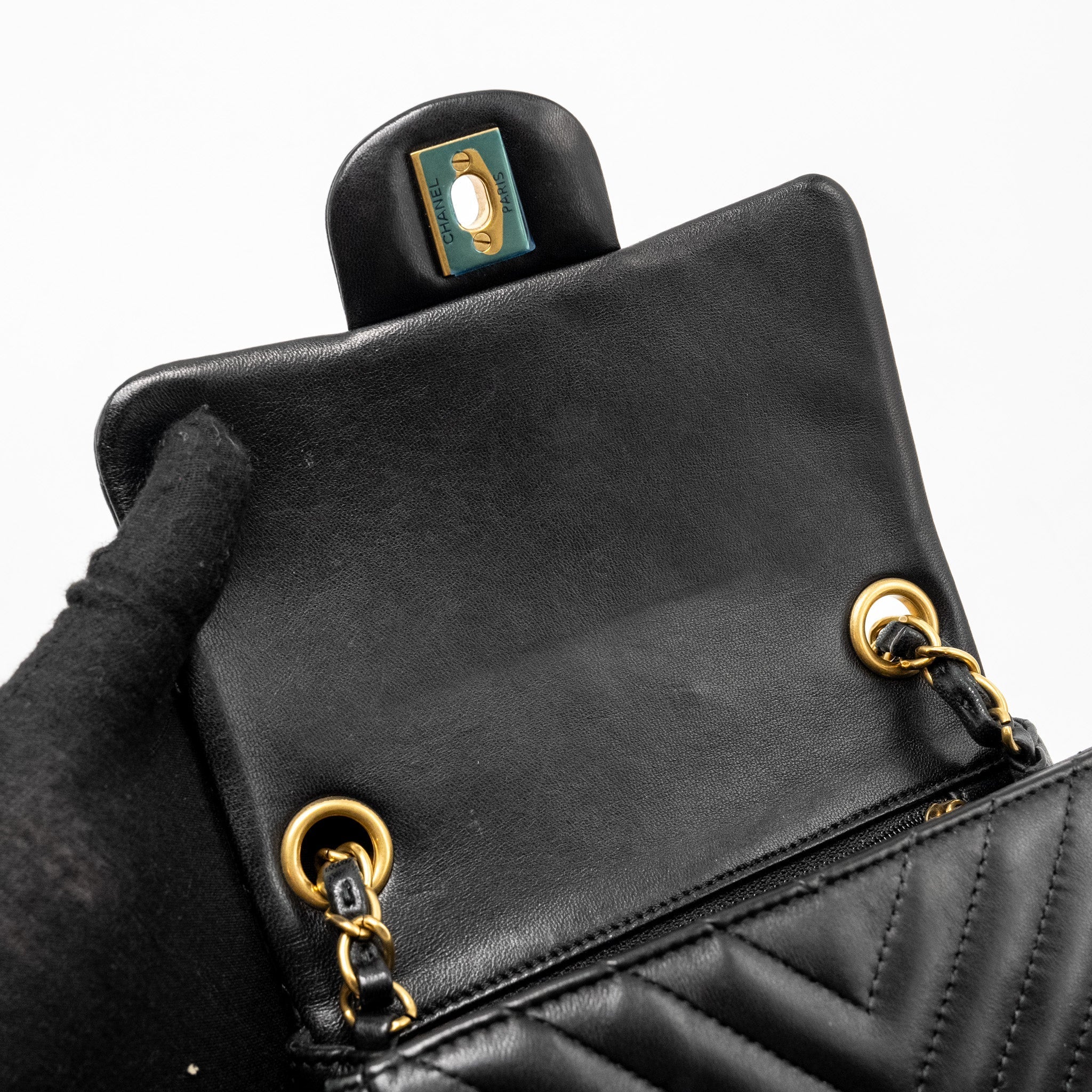 Chanel Mini Square Chevron Flap Bag Lambskin Black