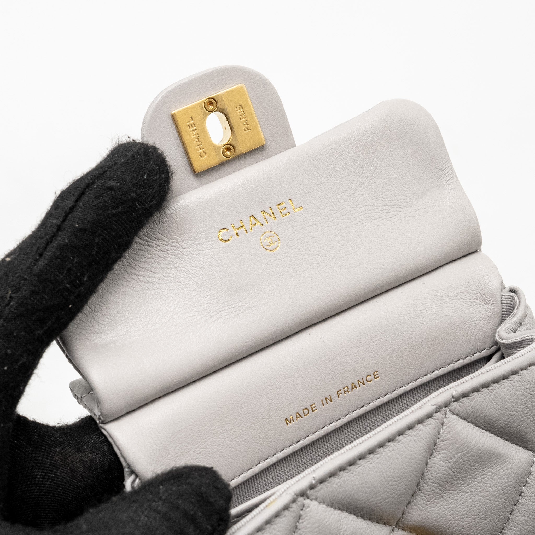 Chanel Mini Quilted Flap Card Holder with chain Lambskin Grey