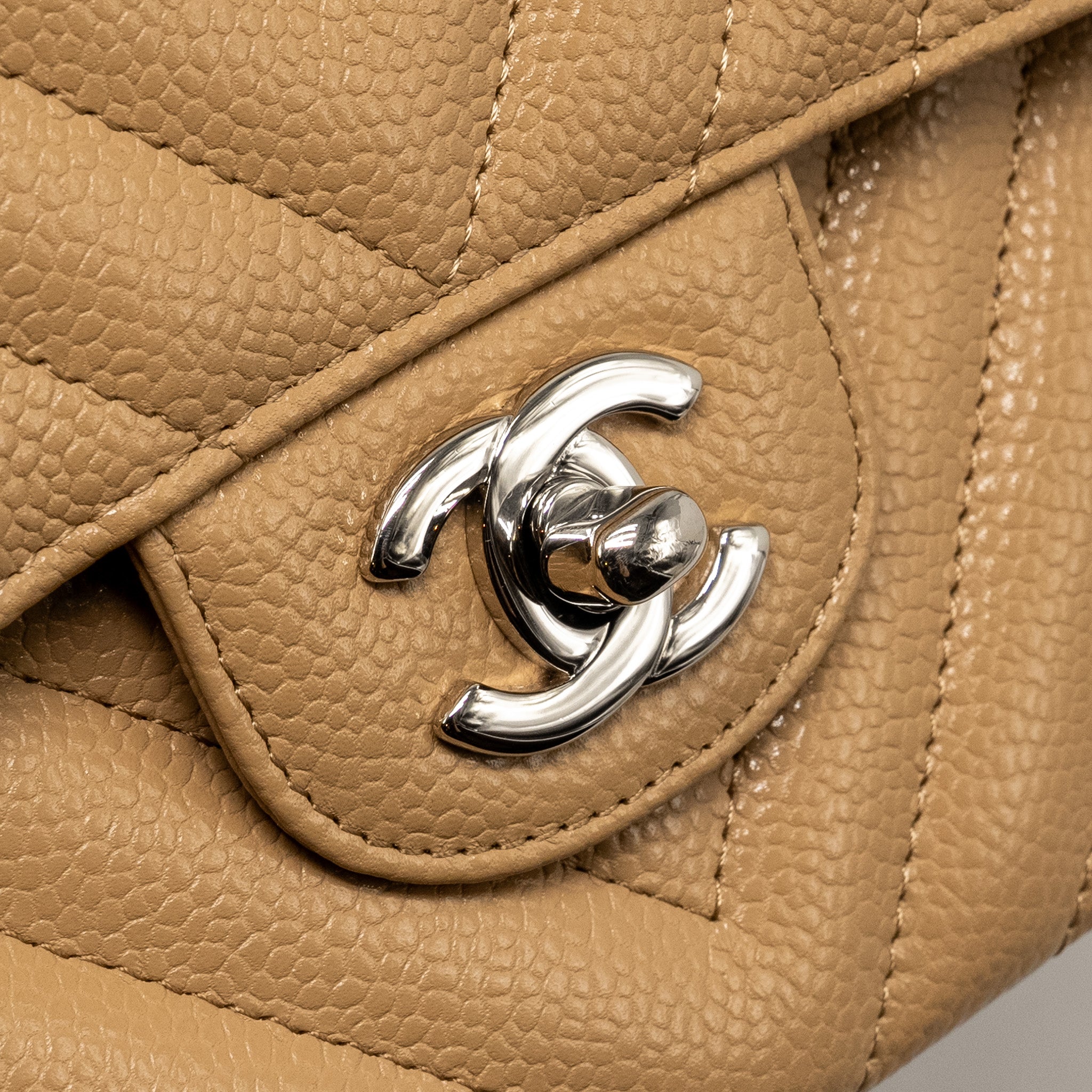 Chanel Small Classic Double Flap Bag Chevron Caviar Beige