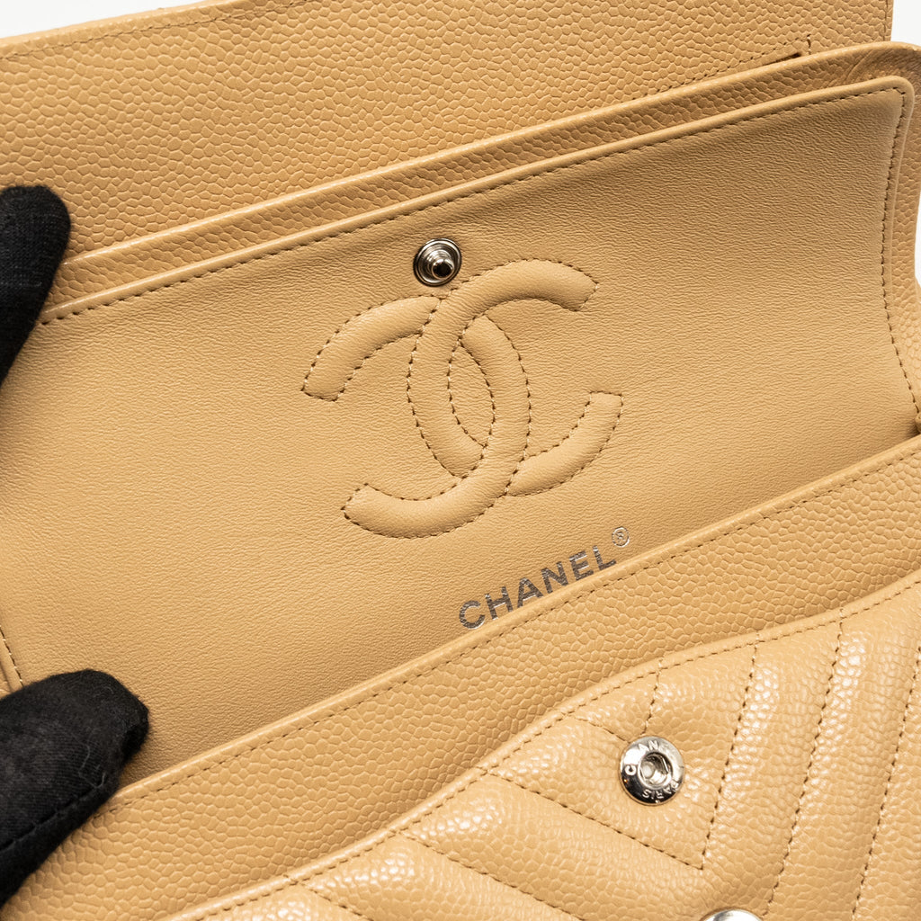 Chanel Small Classic Double Flap Bag Chevron Caviar Beige