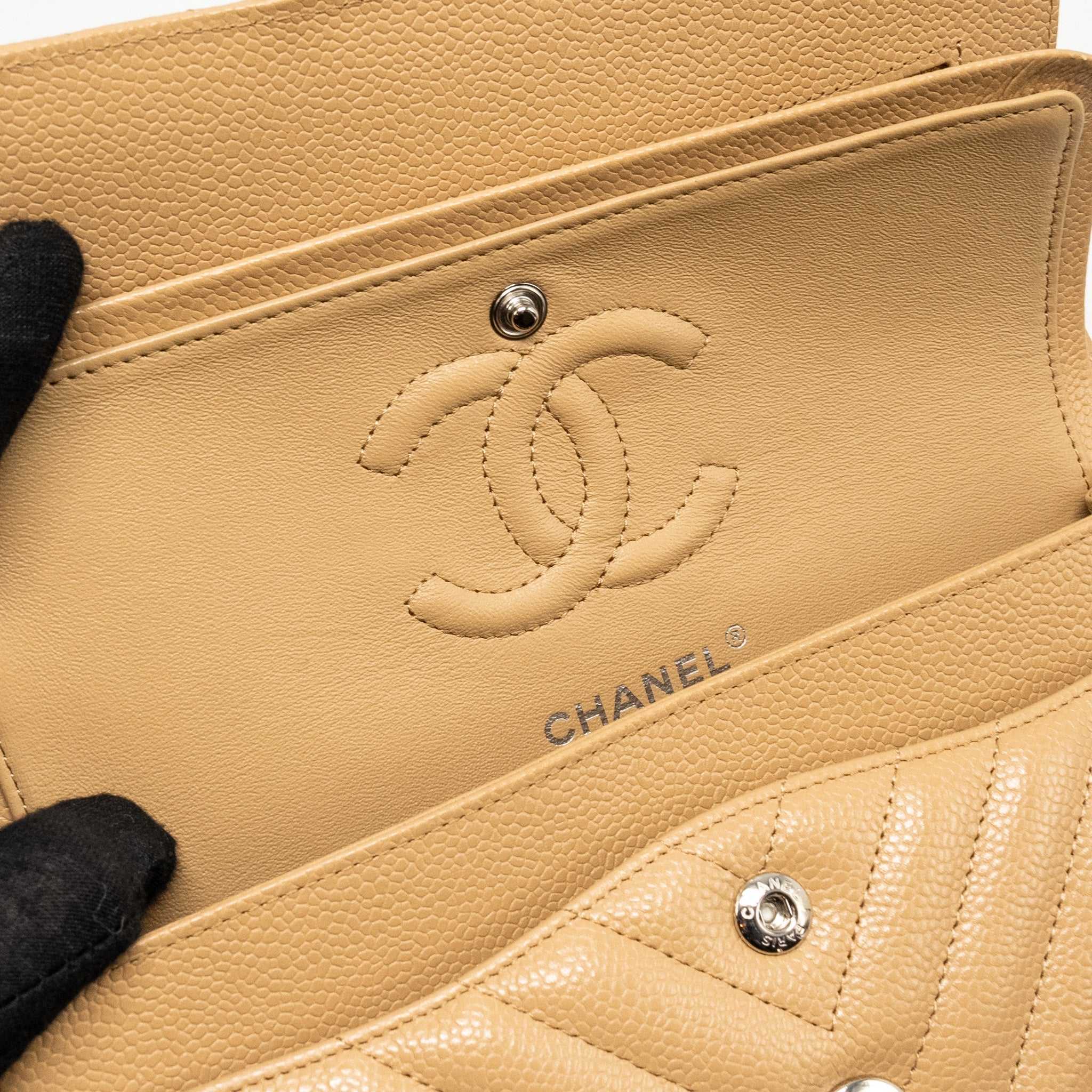 Chanel Small Classic Double Flap Bag Chevron Caviar Beige