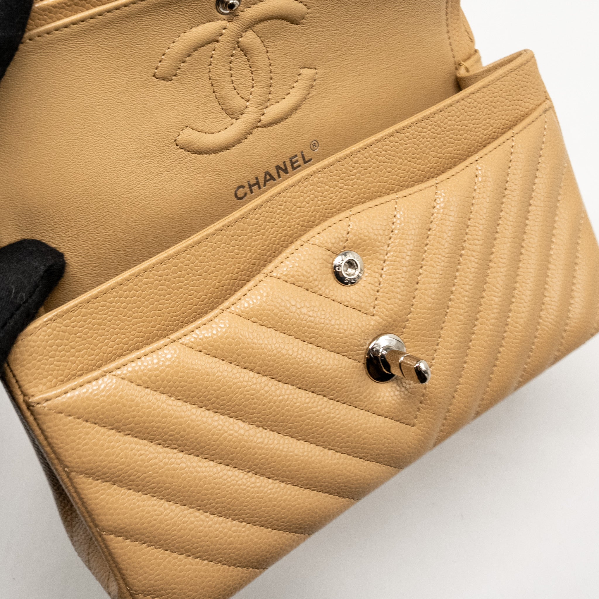Chanel Small Classic Double Flap Bag Chevron Caviar Beige