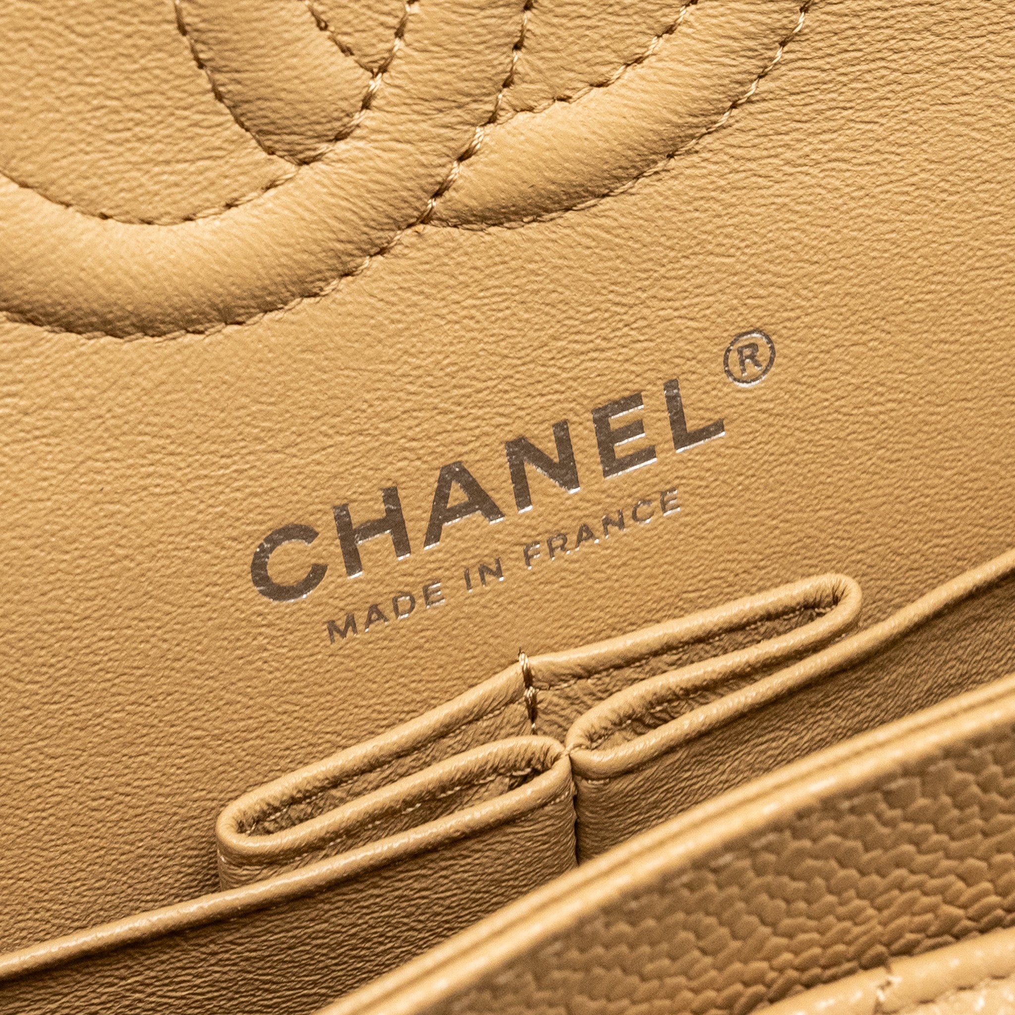 Chanel Small Classic Double Flap Bag Chevron Caviar Beige