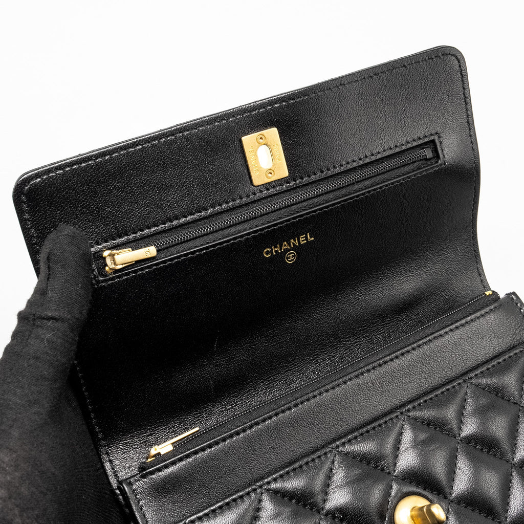 Chanel Letter Logo Top Handle Wallet On Chain Lambskin Black  (Microchip)