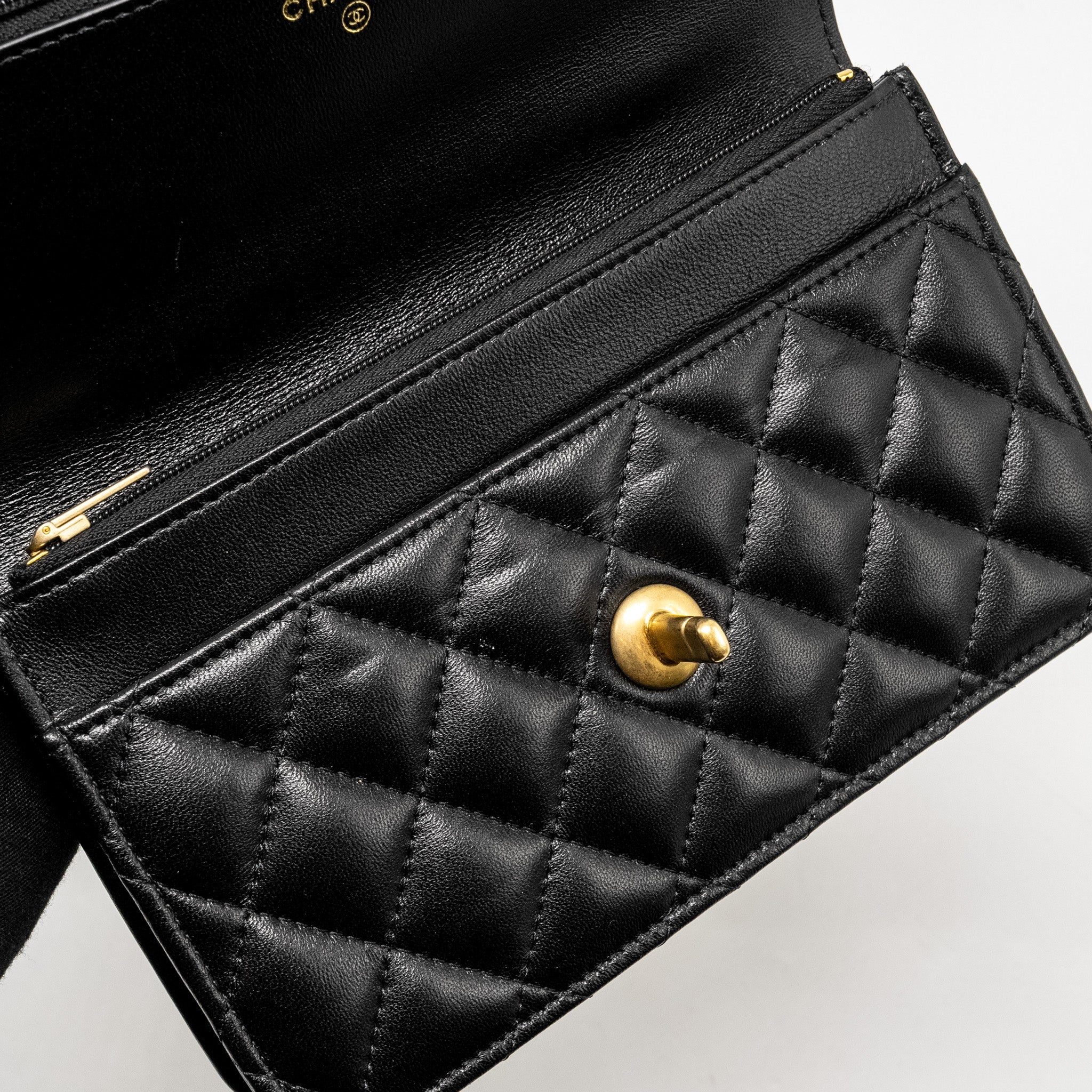 Chanel Letter Logo Top Handle Wallet On Chain Lambskin Black  (Microchip)