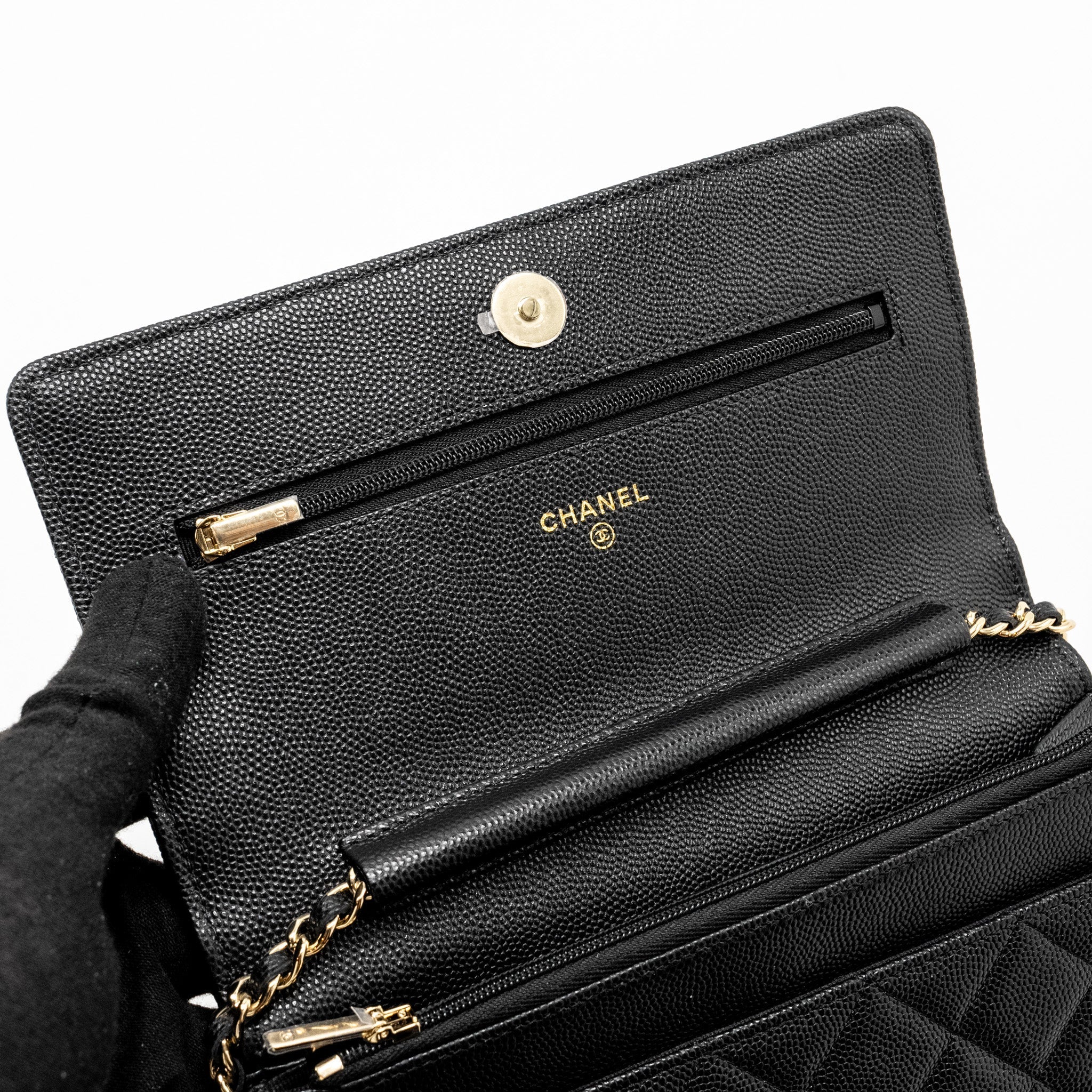 Chanel Detailed CC Logo Wallet on Chain Caviar Black L (Microchip)