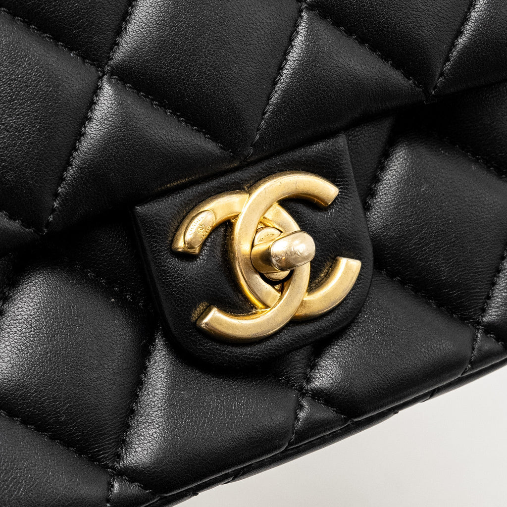 Chanel Quilted Flap Bag with Heart Charm Chain Lambskin Black  (Microchip)