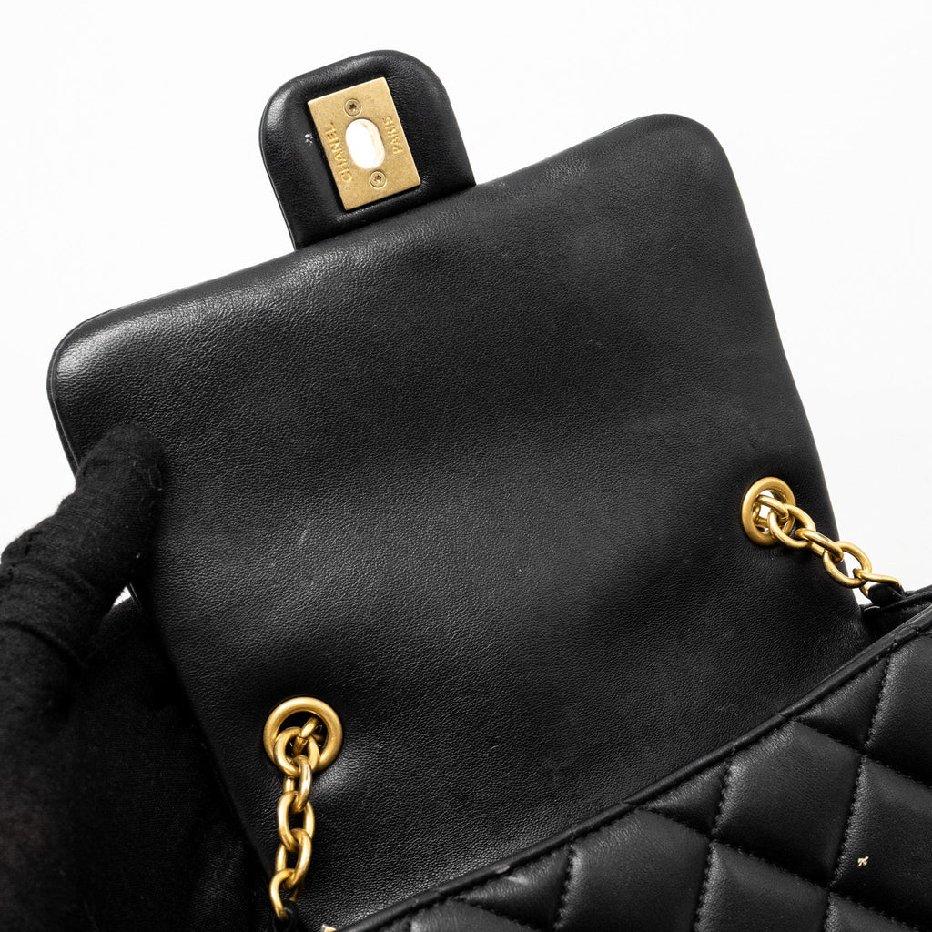 Chanel Quilted Flap Bag with Heart Charm Chain Lambskin Black  (Microchip)