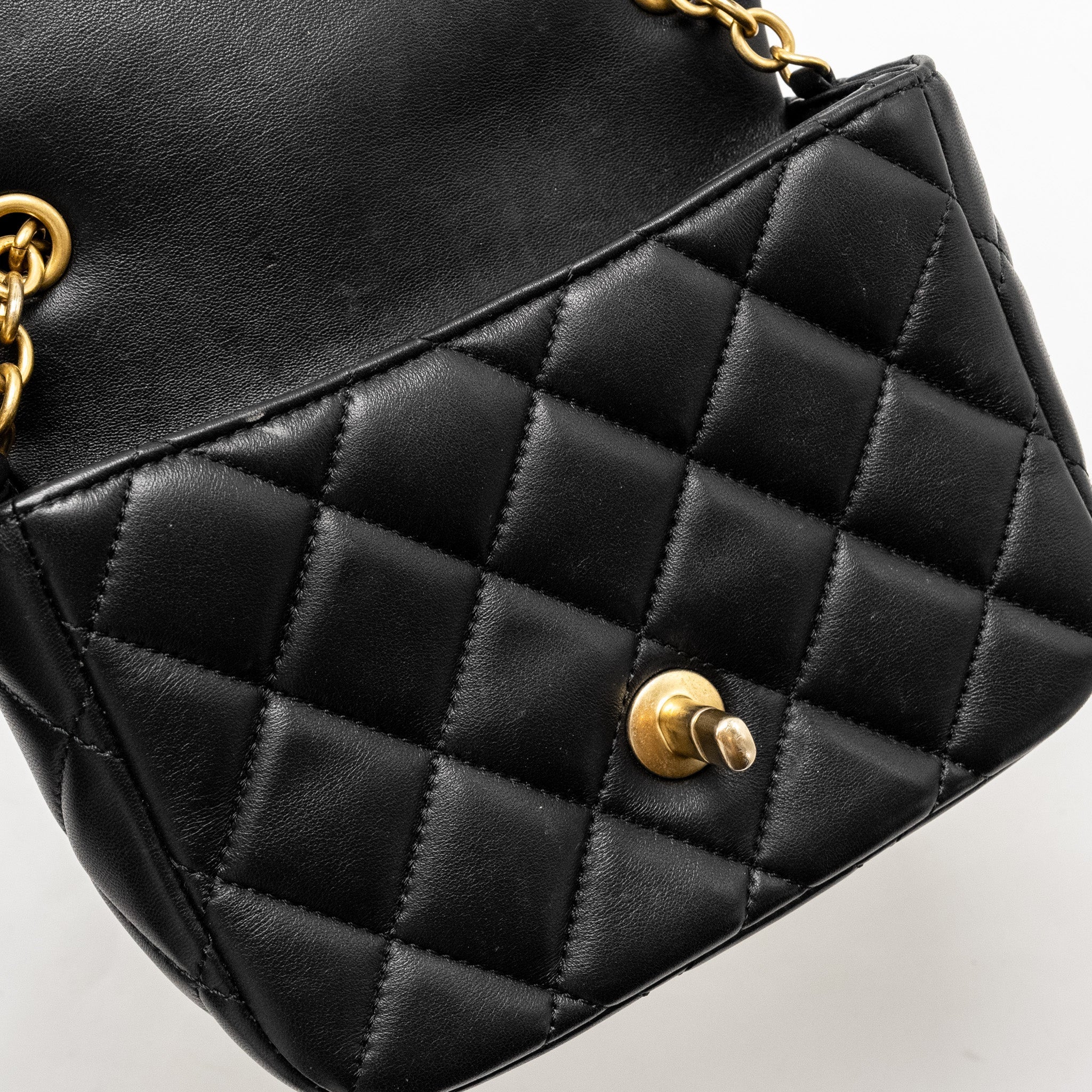 Chanel Quilted Flap Bag with Heart Charm Chain Lambskin Black  (Microchip)