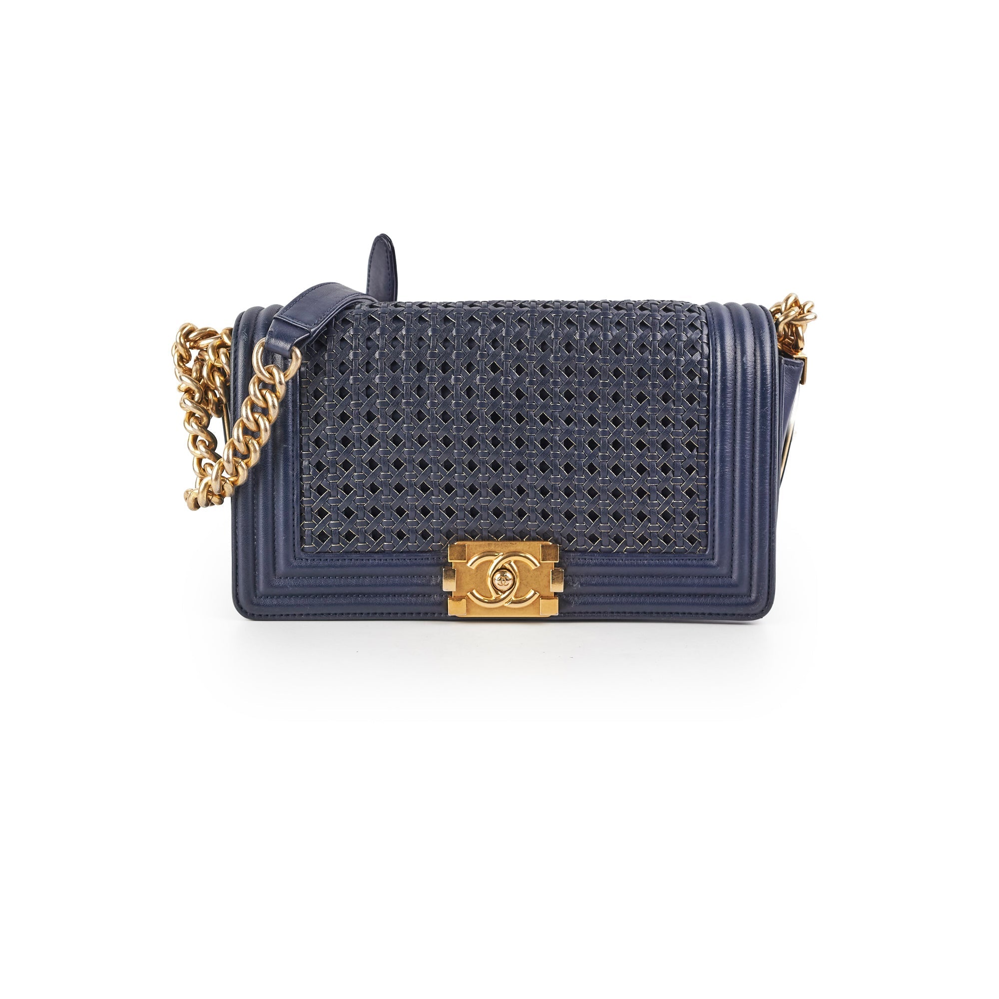 Chanel Old Medium Braided Reverso Boy Bag Navy
