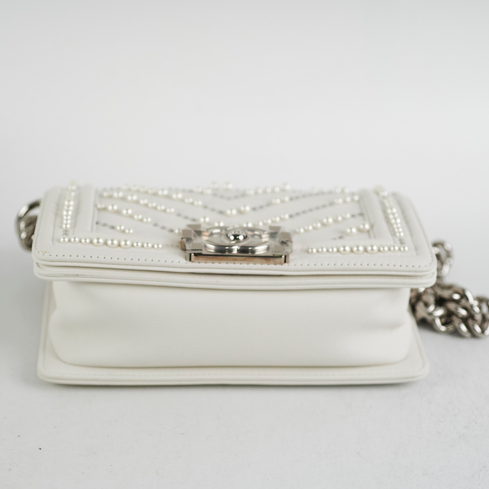 Chanel Small Boy White with Pearls Bag