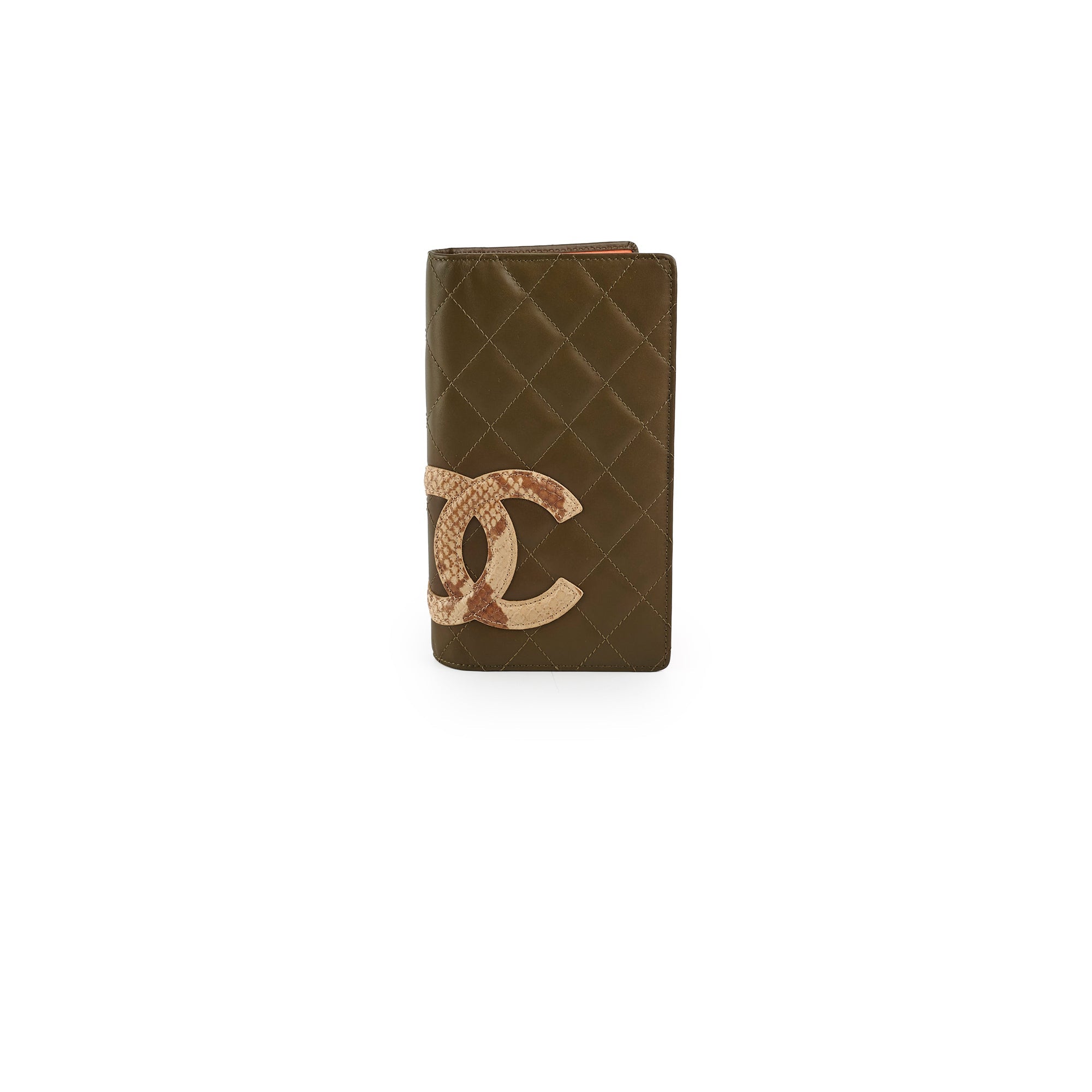 Chanel Lambskin Python Quilted Long Wallet Khaki