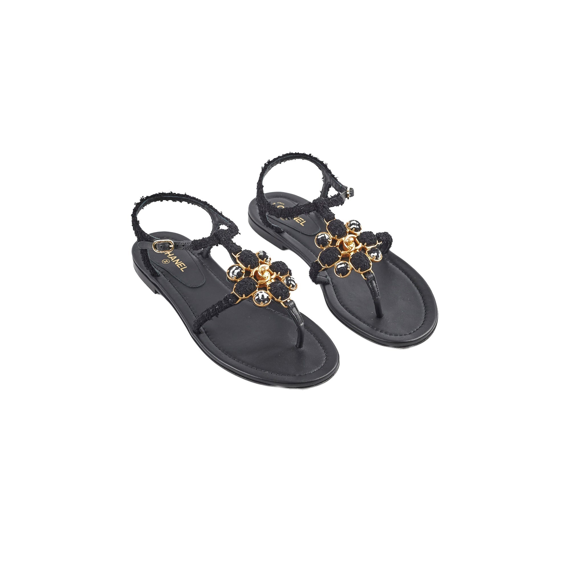 Chanel Tweed Interlocking CC Flat Sandal 37.5 Black