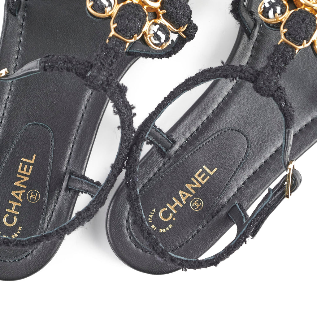 Chanel Tweed Interlocking CC Flat Sandal 37.5 Black