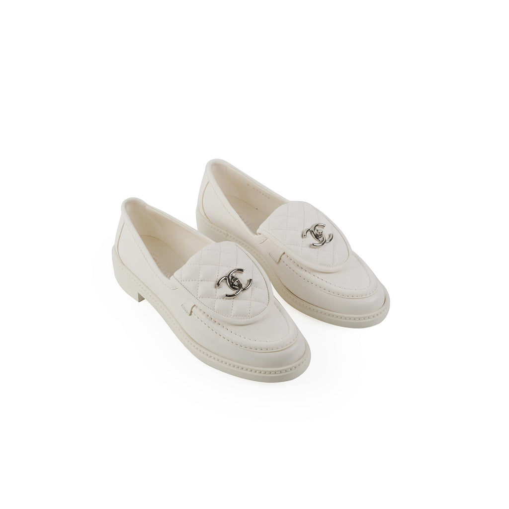 Chanel White 39.5 Logo Loafers