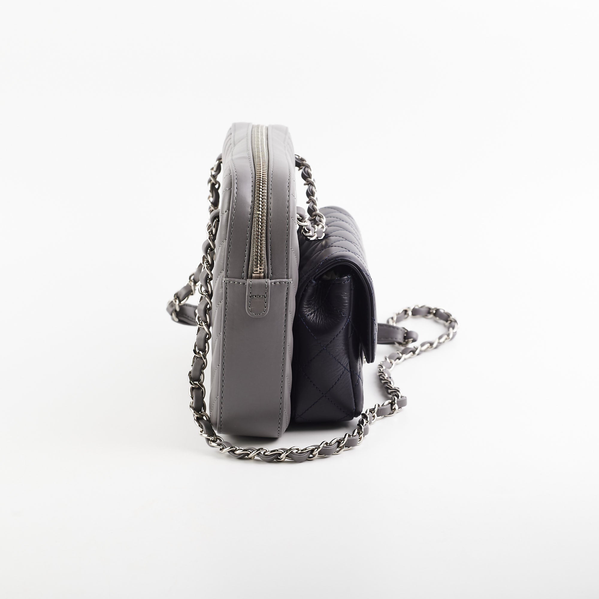 Chanel Quilted Navy/Chevron Grey Lambskin Shoulder Bag