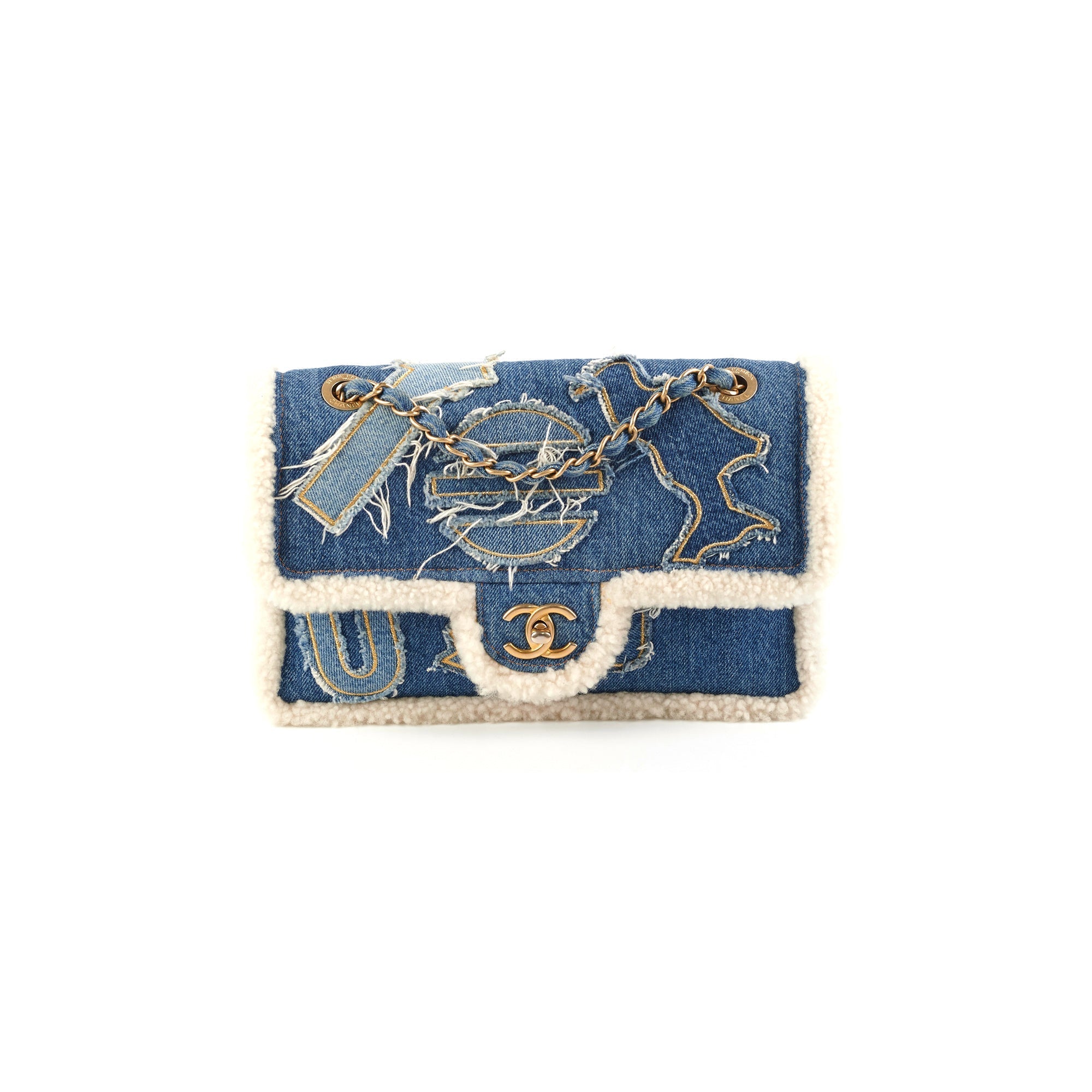 Chanel Denim Shearling Hieroglyph Flap Blue