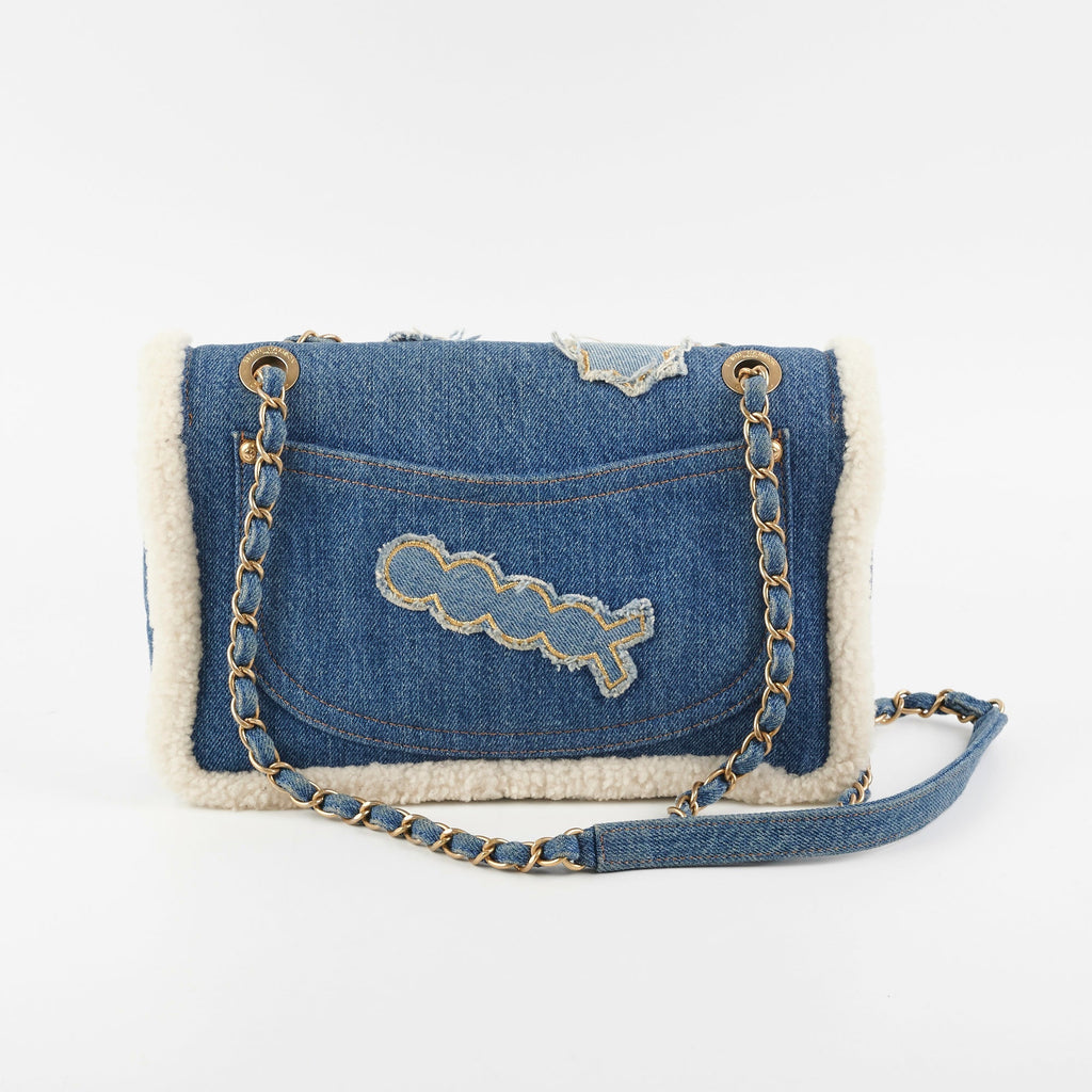 Chanel Denim Shearling Hieroglyph Flap Blue