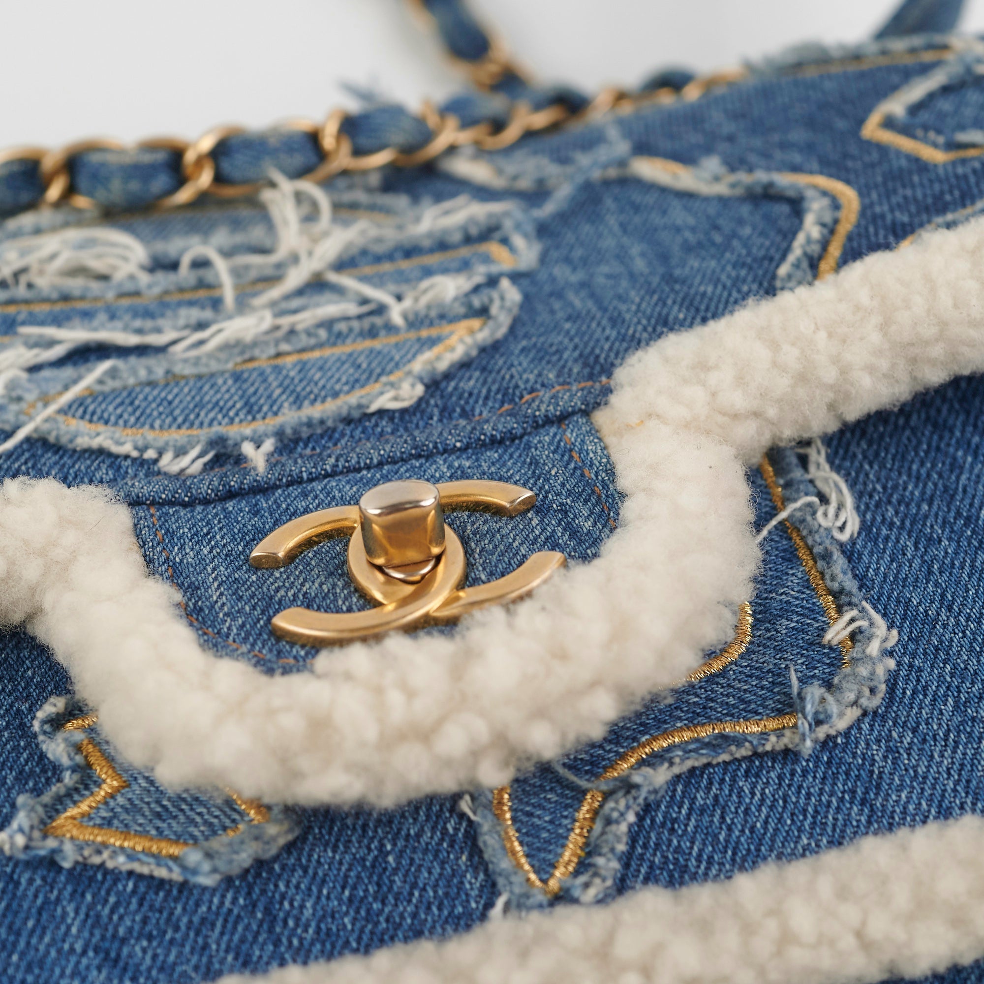 Chanel Denim Shearling Hieroglyph Flap Blue