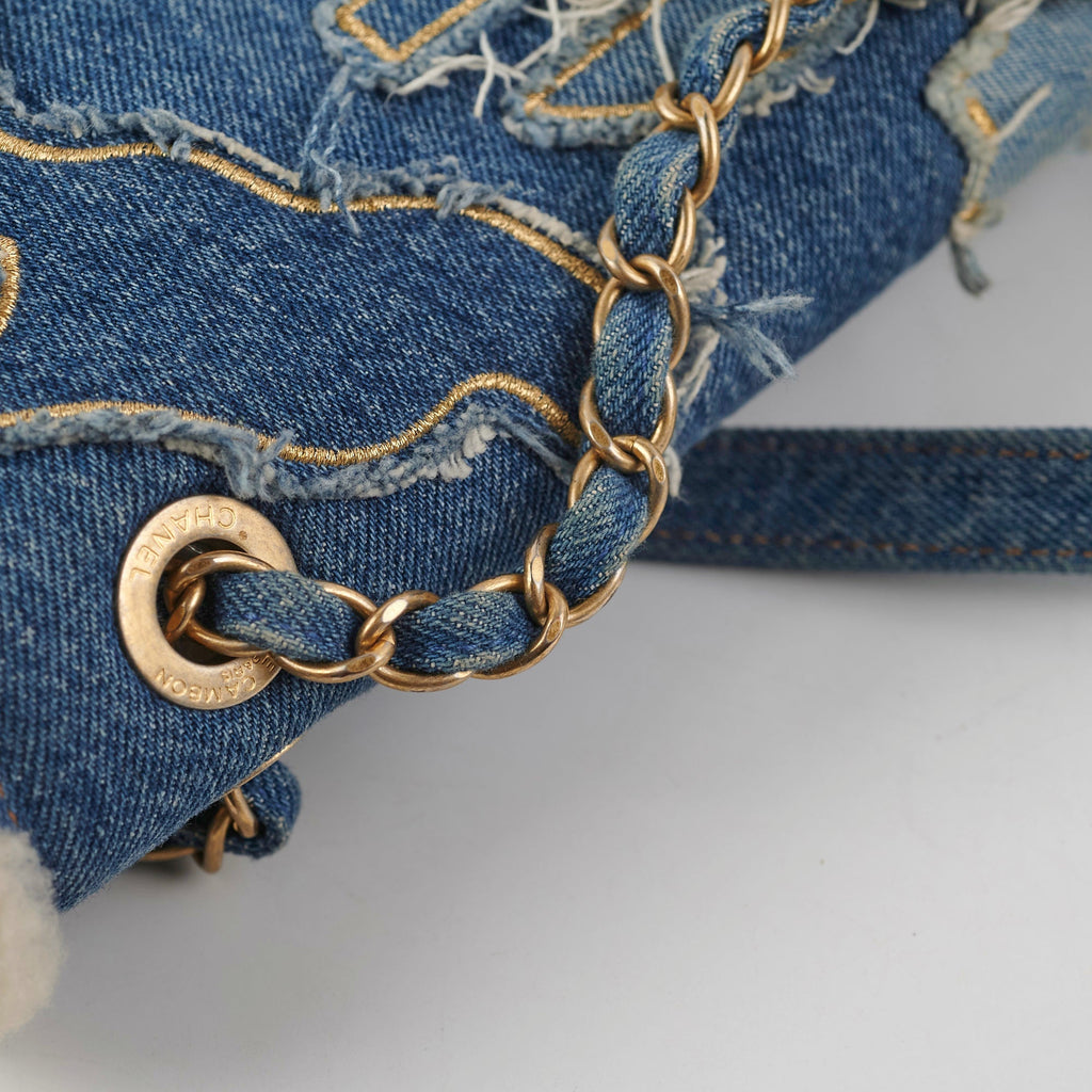 Chanel Denim Shearling Hieroglyph Flap Blue