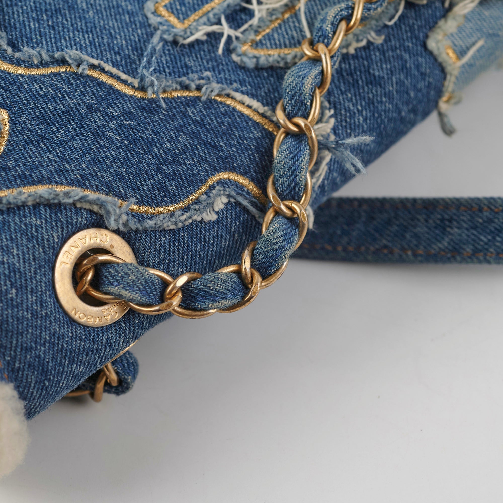 Chanel Denim Shearling Hieroglyph Flap Blue