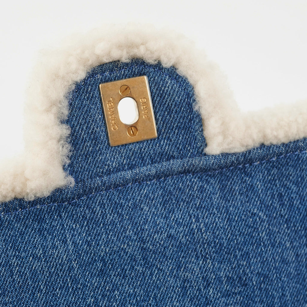 Chanel Denim Shearling Hieroglyph Flap Blue