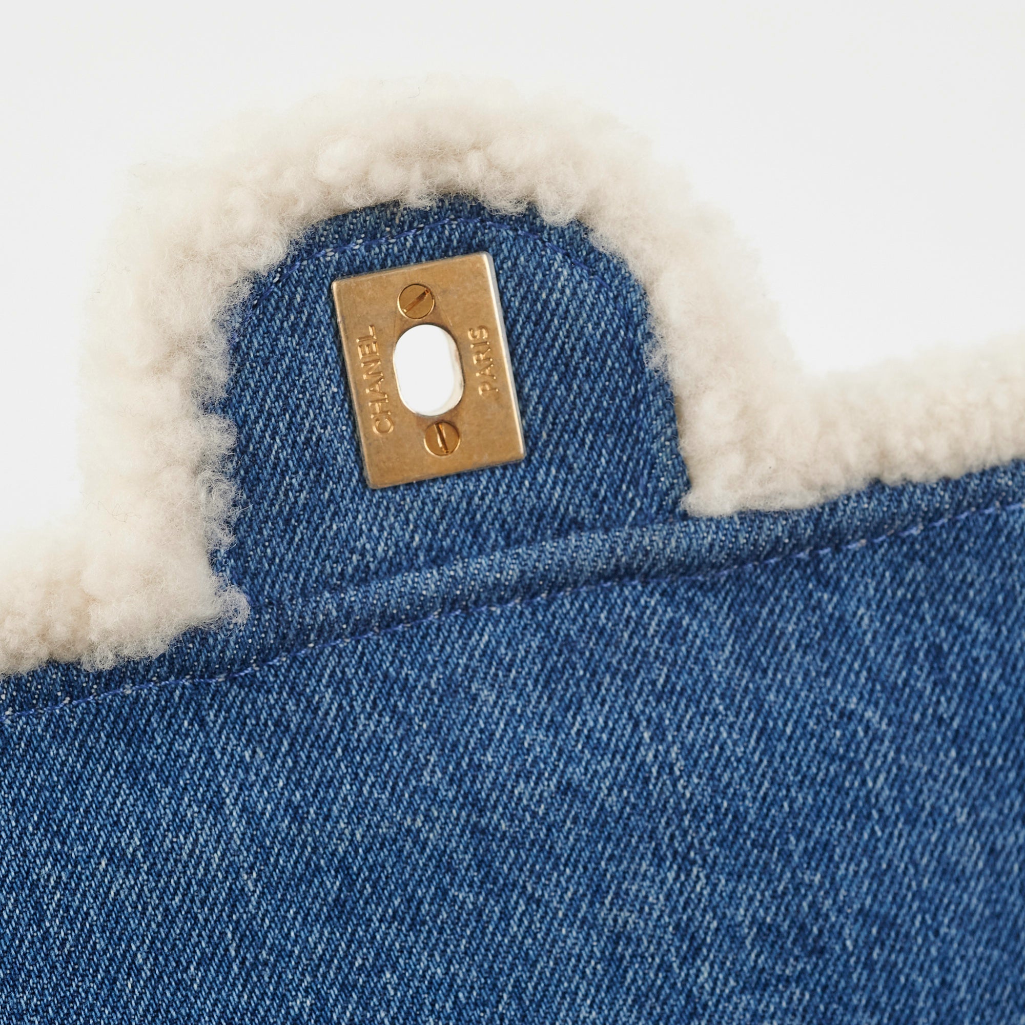 Chanel Denim Shearling Hieroglyph Flap Blue
