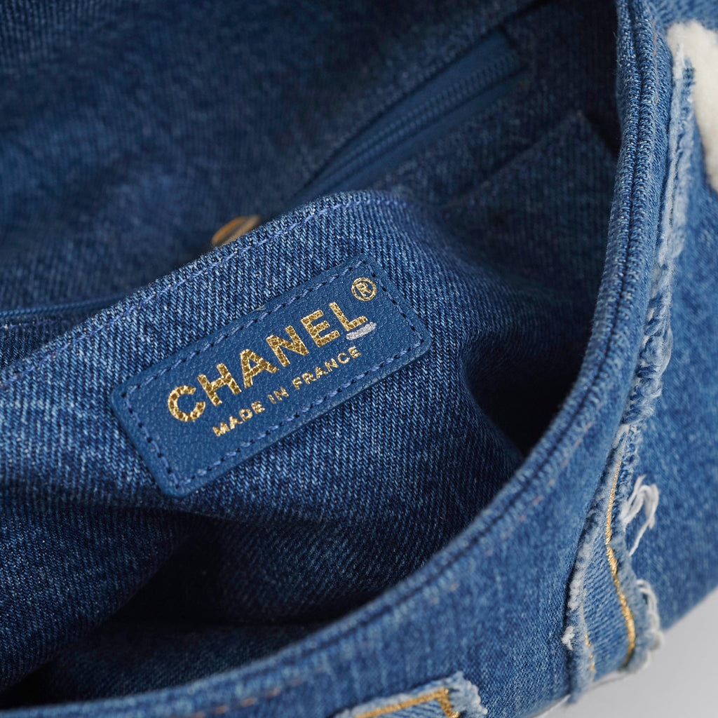 Chanel Denim Shearling Hieroglyph Flap Blue
