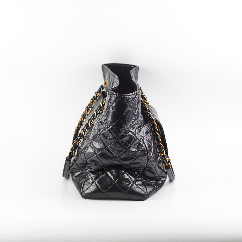 Chanel Black Shiny Calfskin Shoulder Tote Bag - Series 20