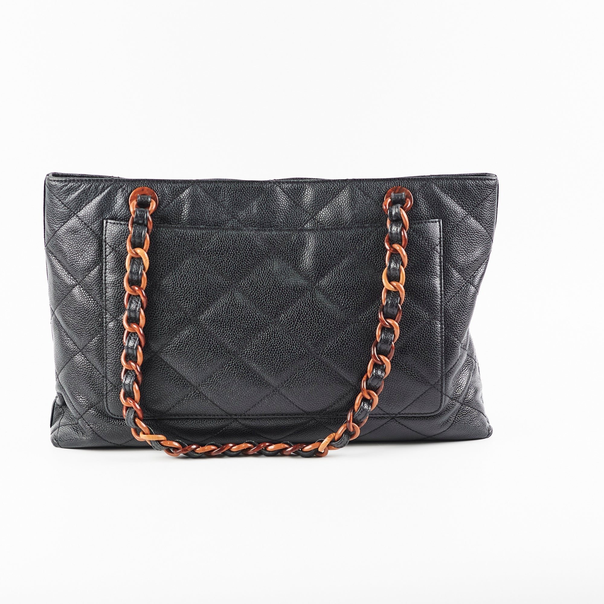 Chanel Caviar Vintage Tortoise Shell Chain Black Tote Bag Black