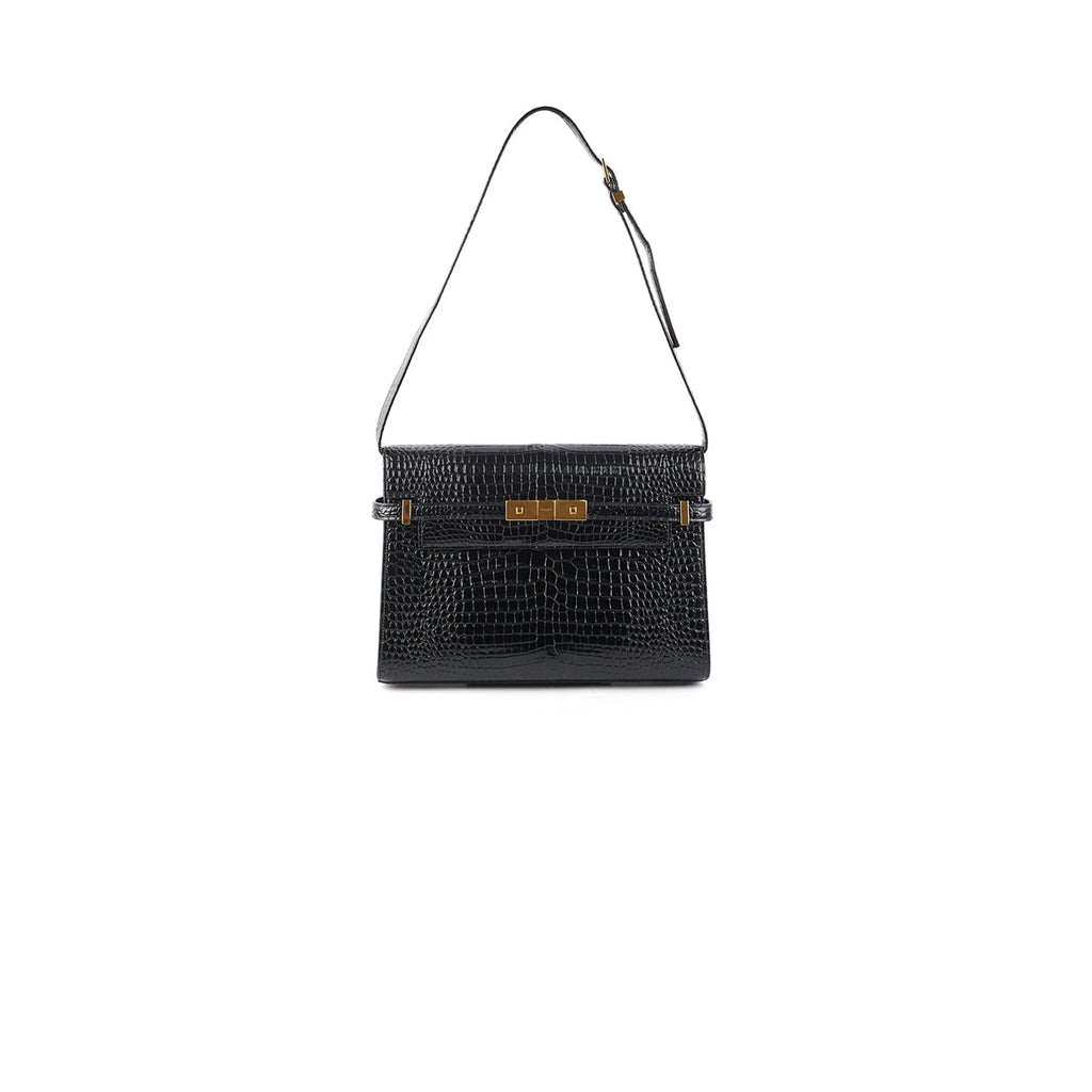 Saint Laurent Manhattan Shoulder Bag in Crocodile Embossed Black