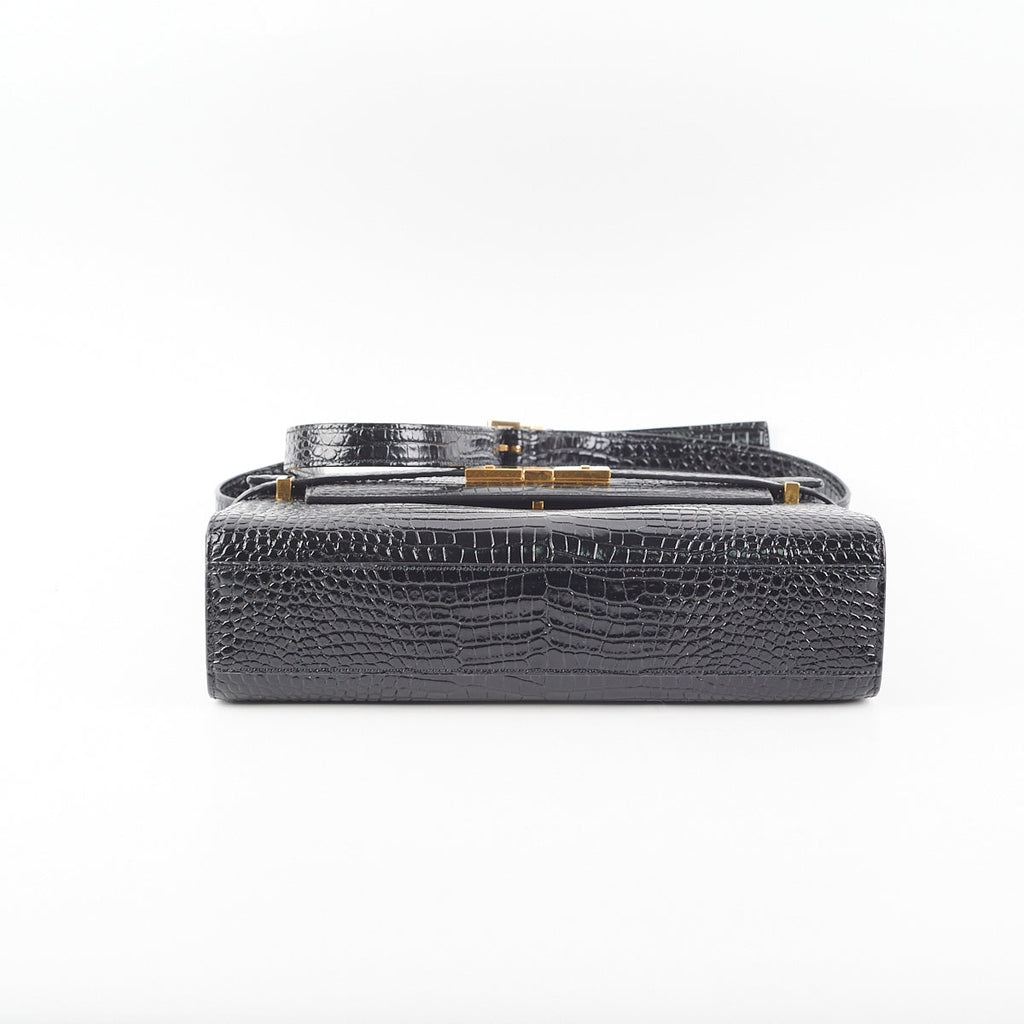Saint Laurent Manhattan Shoulder Bag in Crocodile Embossed Black