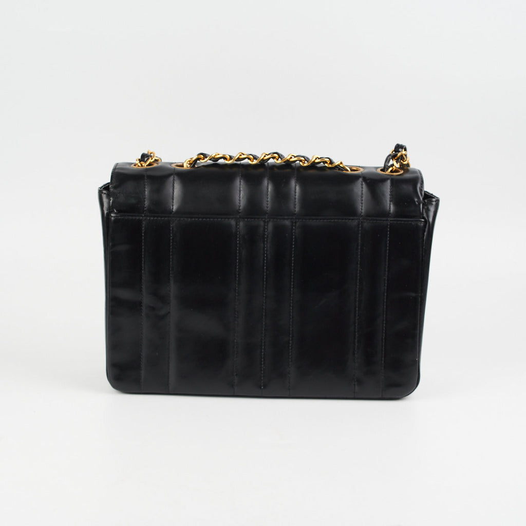 Chanel Vintage Vertical Half Flap Black Shiny Leather