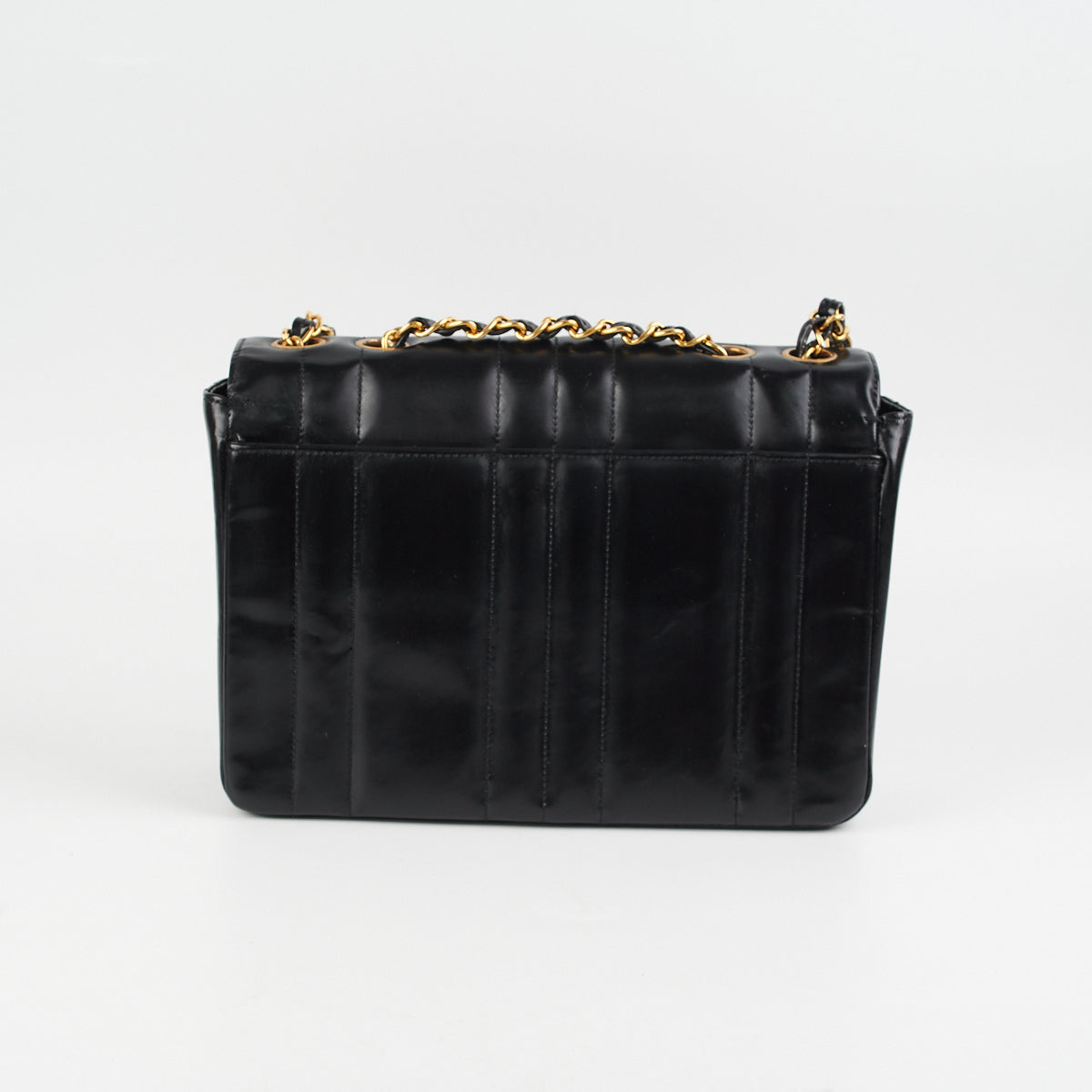 Chanel Vintage Vertical Half Flap Black Shiny Leather