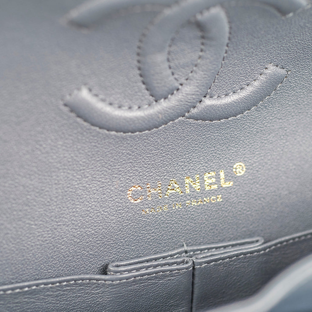 Chanel Chevron M/L Lambskin Classic Flap Dark Grey/Blue