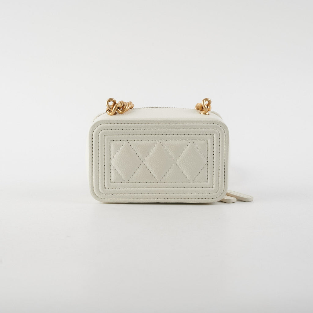Chanel Caviar Micro Boy Card holder on Chain White