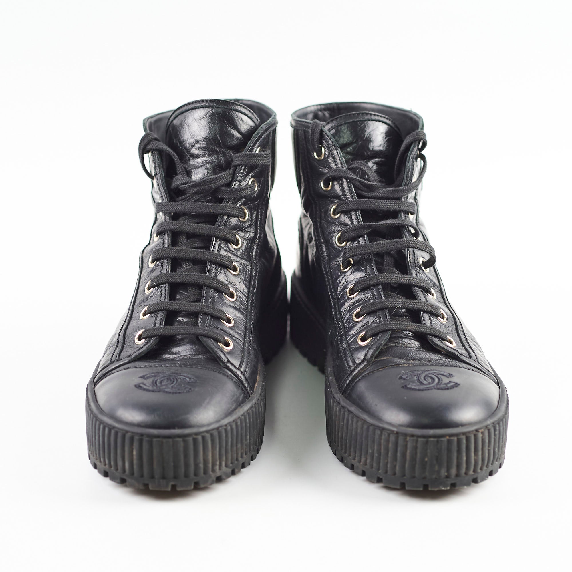 Chanel Calfskin Cap Toe Lace Up Boots Black Size 40.5C