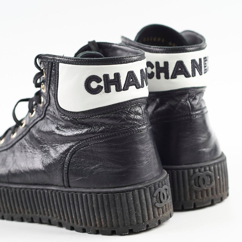 Chanel Calfskin Cap Toe Lace Up Boots Black Size 40.5C