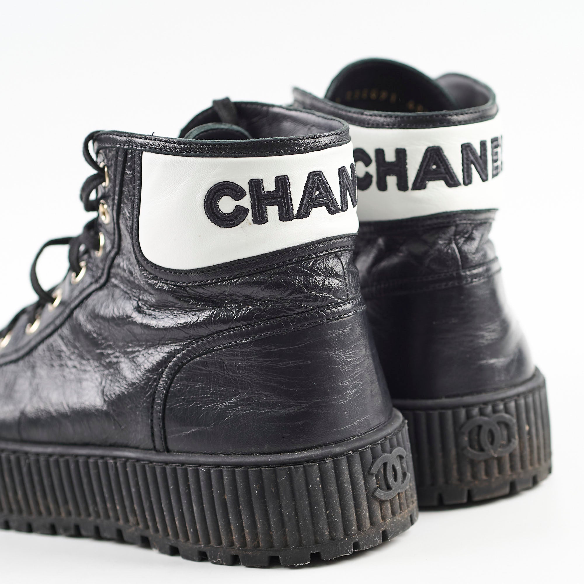 Chanel Calfskin Cap Toe Lace Up Boots Black Size 40.5C