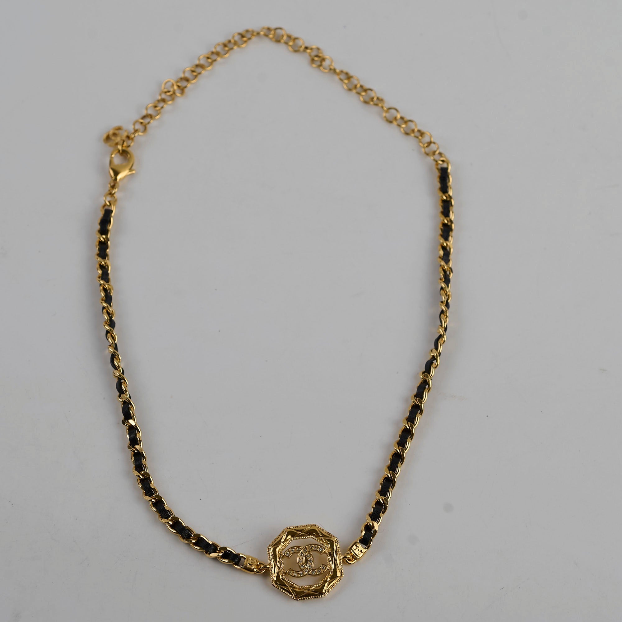 Chanel Gold & Black Leather Chain Choker Costume Jewellery