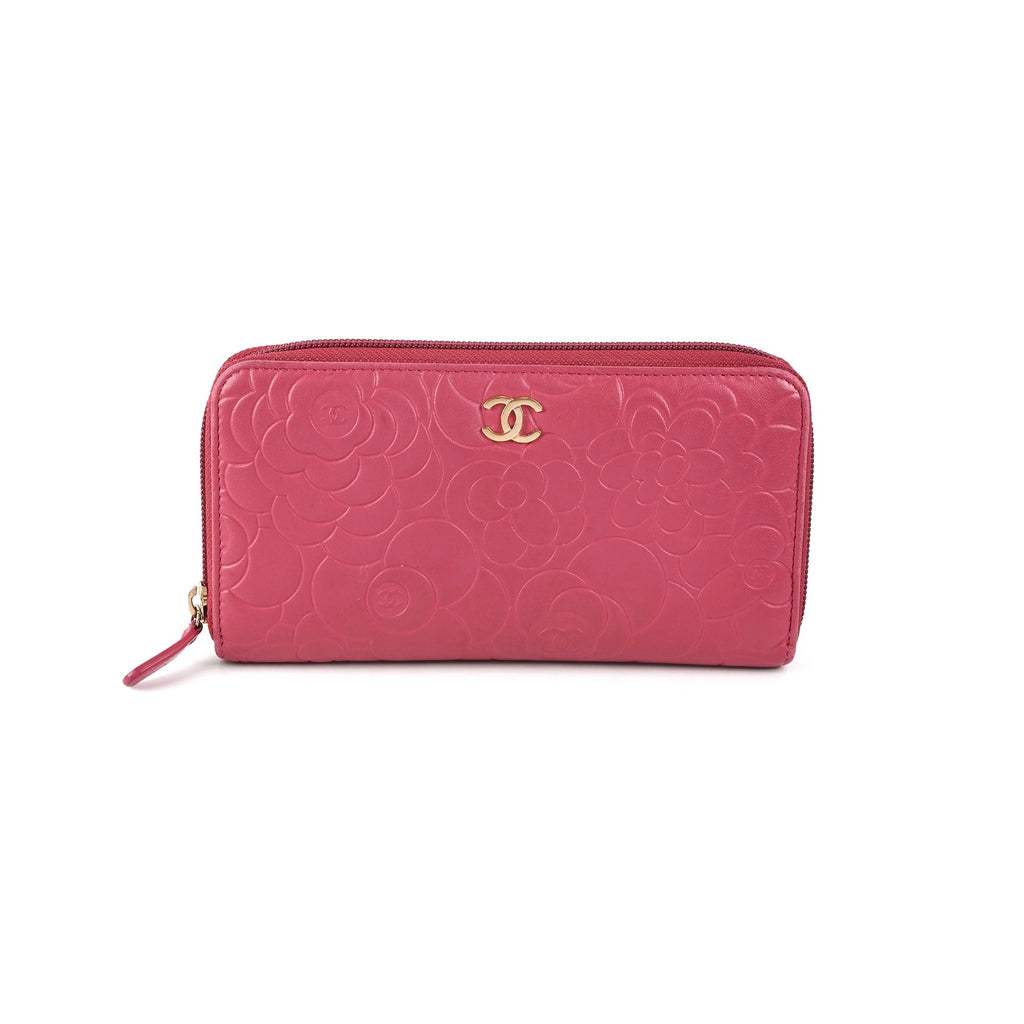 Chanel Long Zip Camelia Dark Pink Wallet