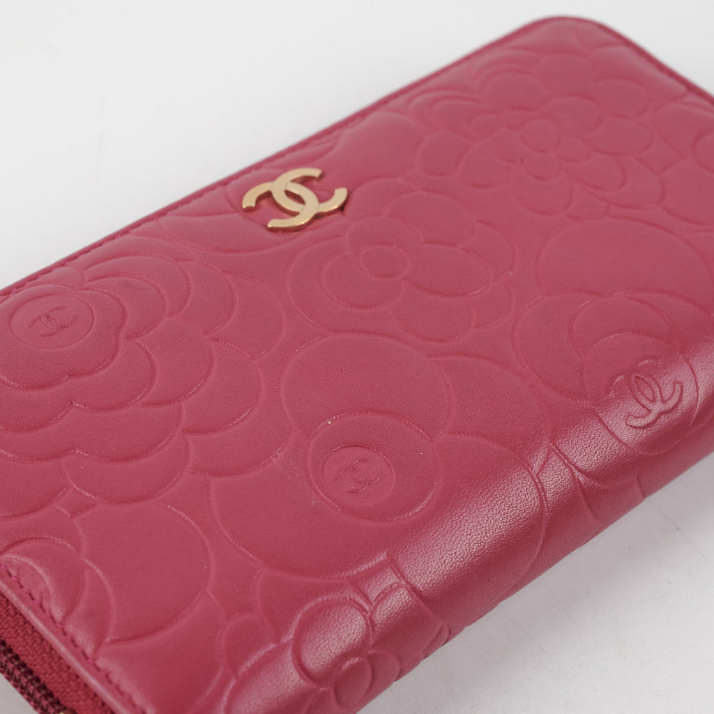 Chanel Long Zip Camelia Dark Pink Wallet