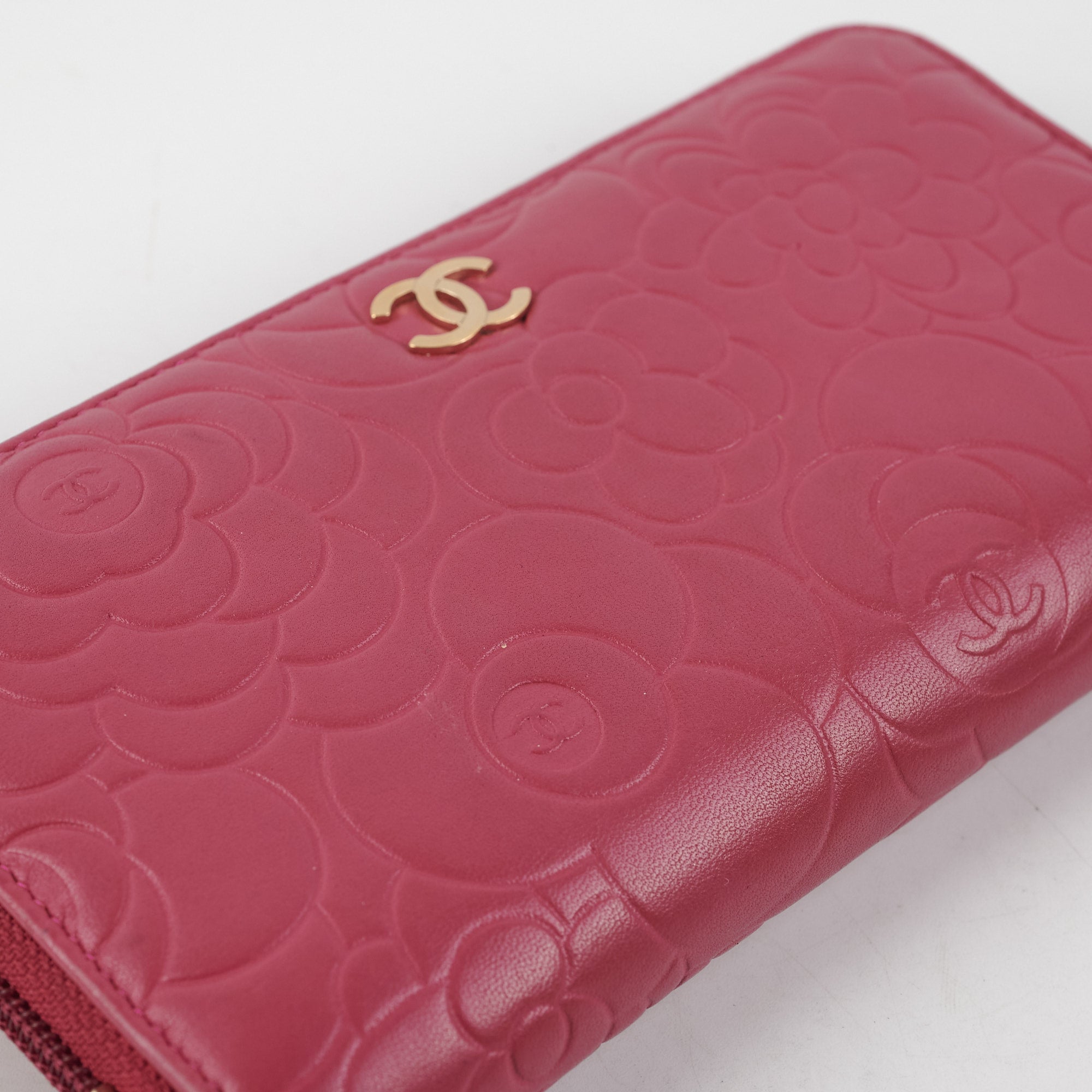 Chanel Long Zip Camelia Dark Pink Wallet