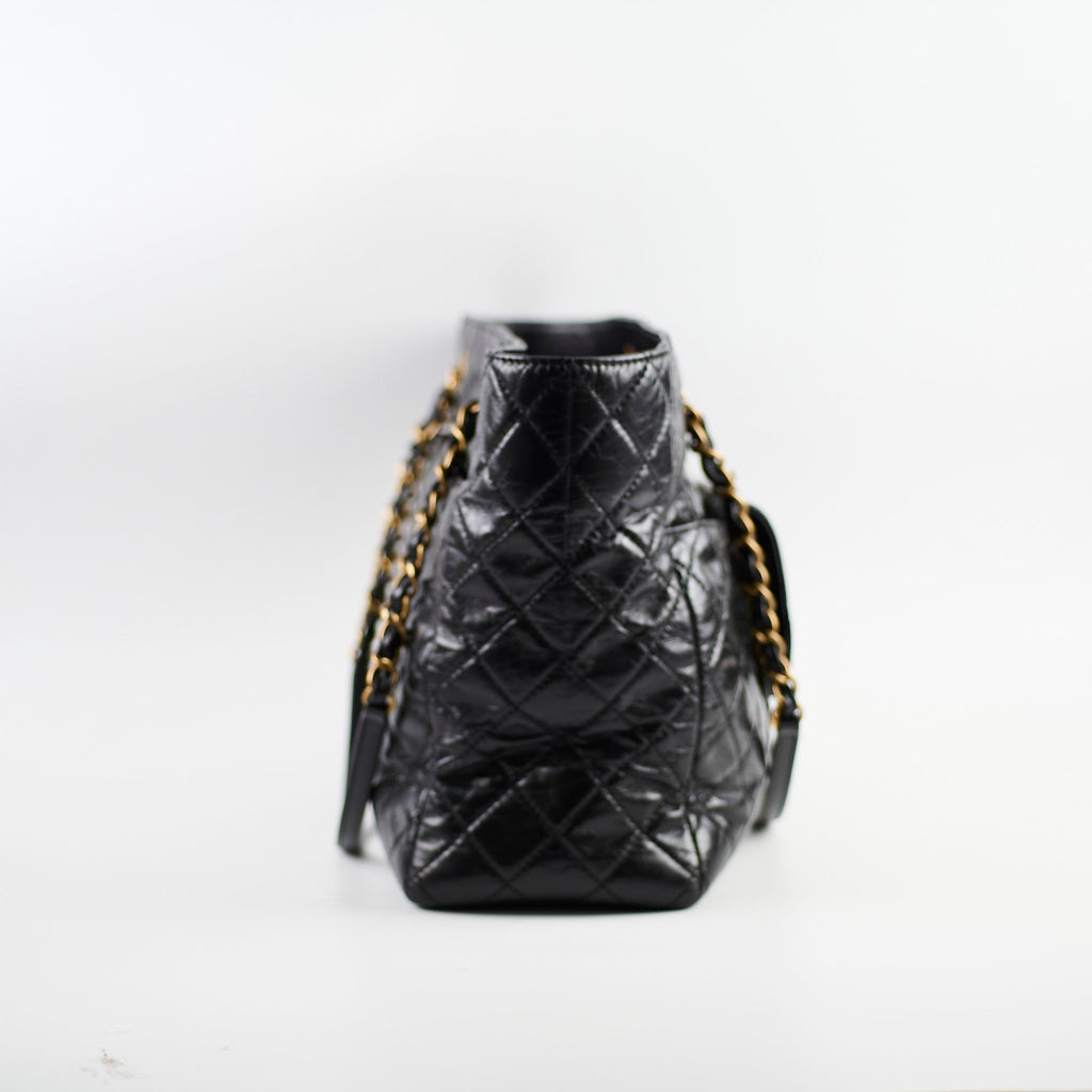 Chanel Shiny Large Front Pocket Calfskin Tote Black