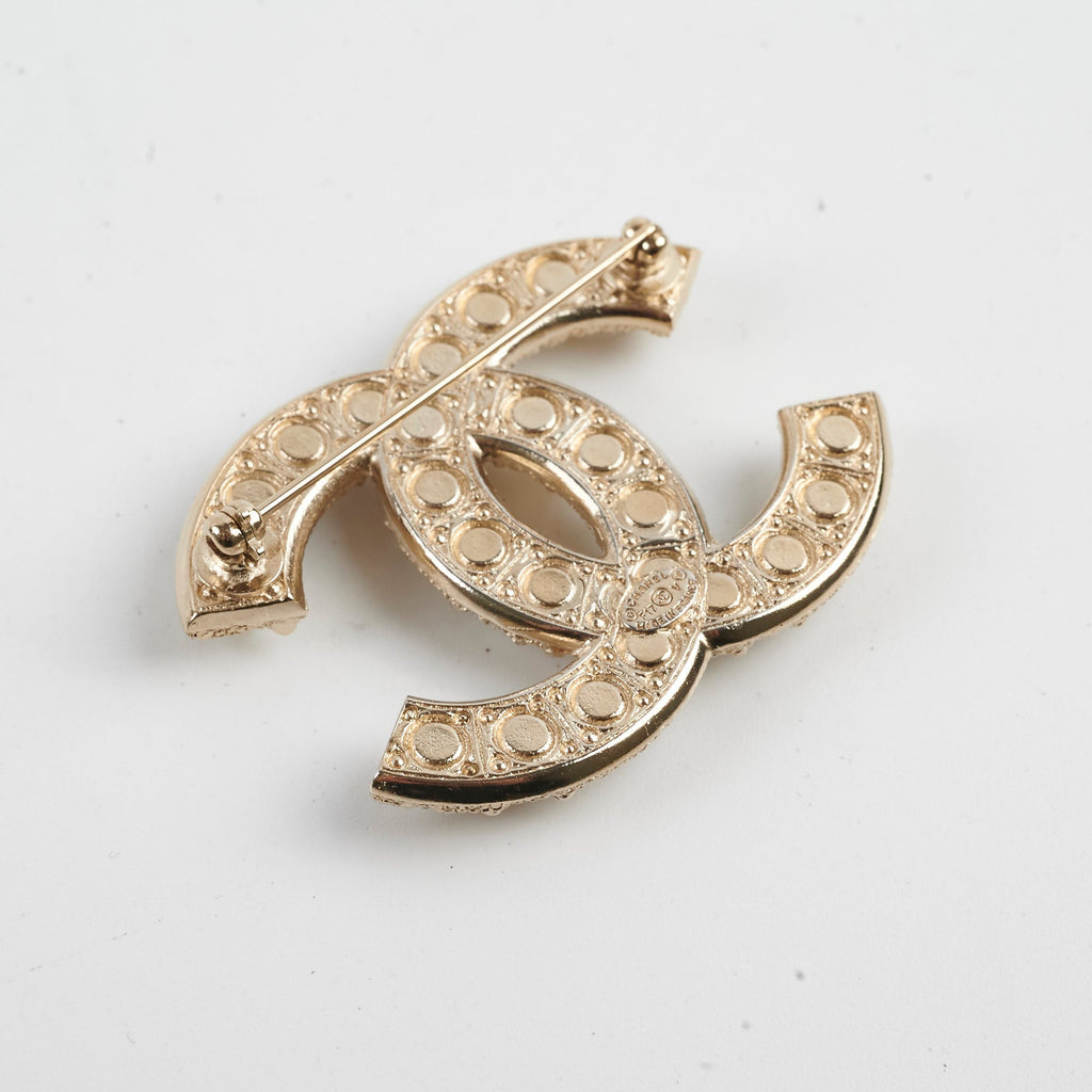 Chanel CC Logo Gold Pearl Rhinestone Brooch Costume Jewellery