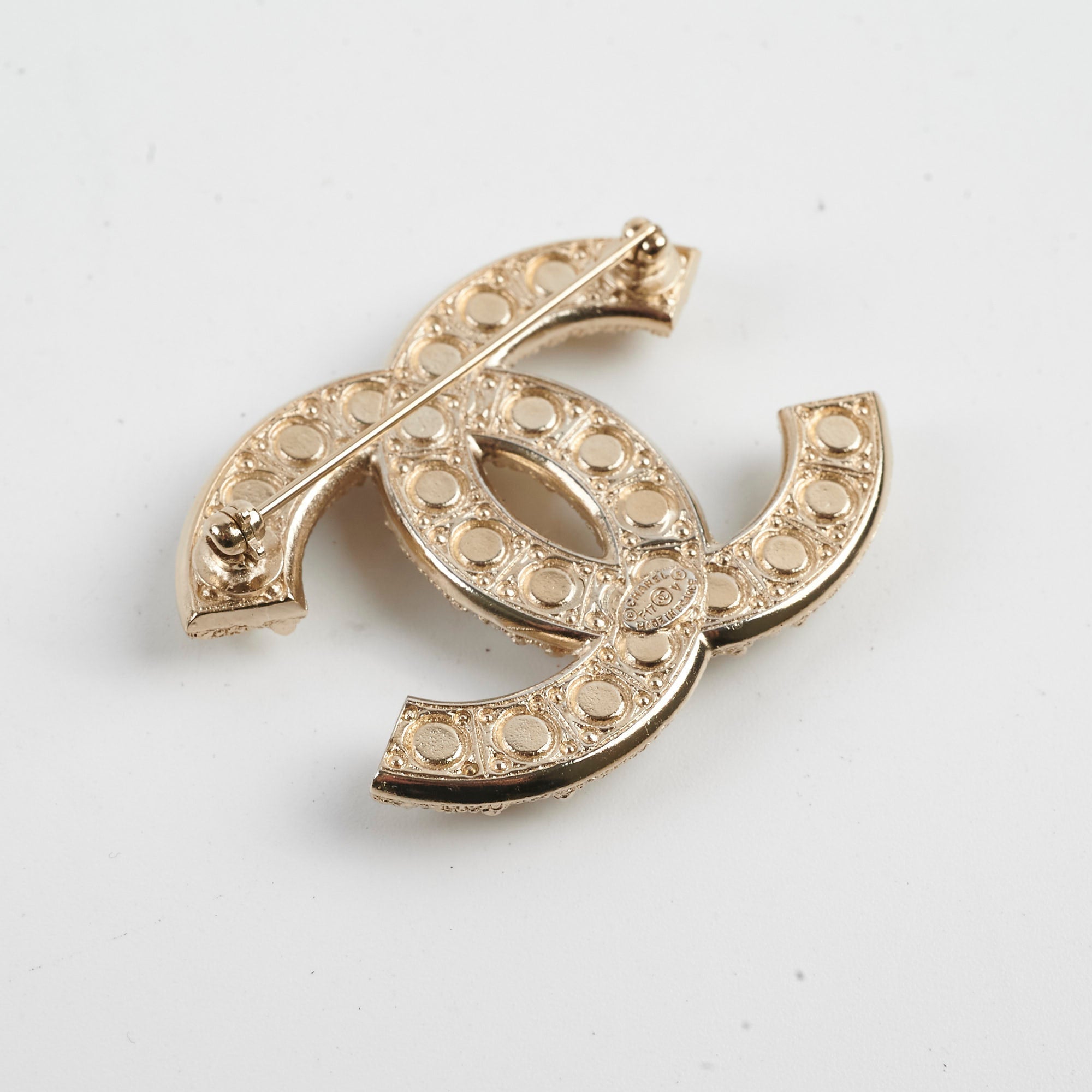 Chanel CC Logo Gold Pearl Rhinestone Brooch Costume Jewellery