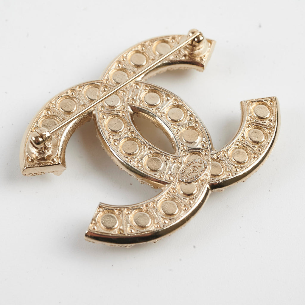 Chanel CC Logo Gold Pearl Rhinestone Brooch Costume Jewellery