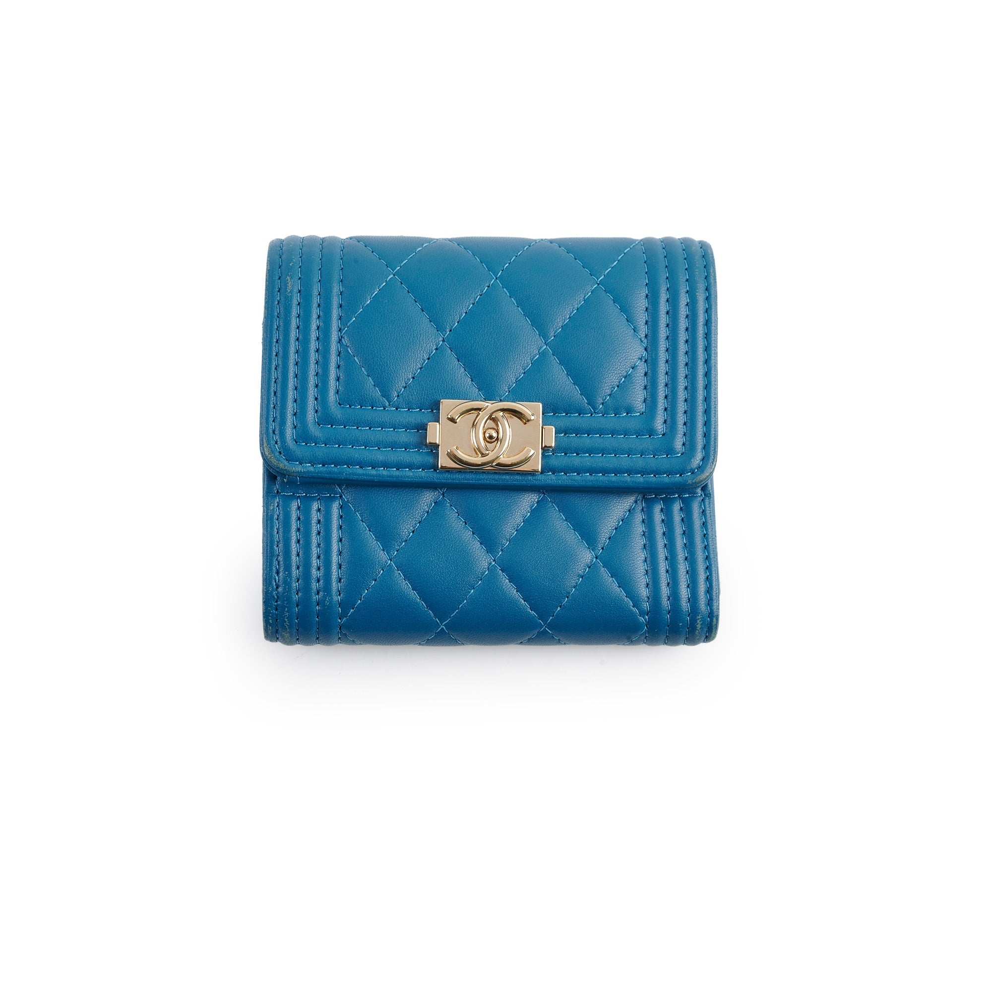 Chanel Boy Lambskin Quilted Flap Wallet Blue