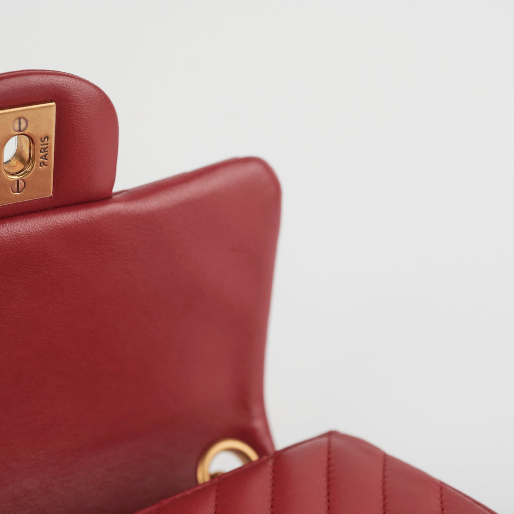 Chanel Mini Square Chevron Lambskin Red Crossbody Bag